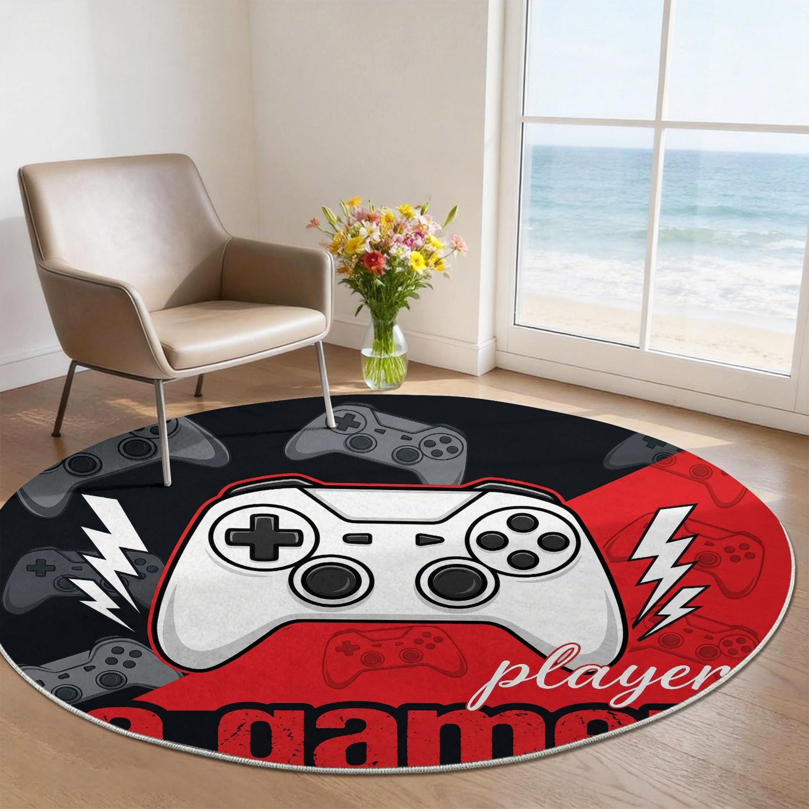 Tapis Rond Rouge Noir 180 cm, Tapis de Sol Lavable et Antidérapant Doux et Moelleux Manette, Tendance E-Sport Décoration pour Salle à Manger Salle de séjour Salle de Jeu