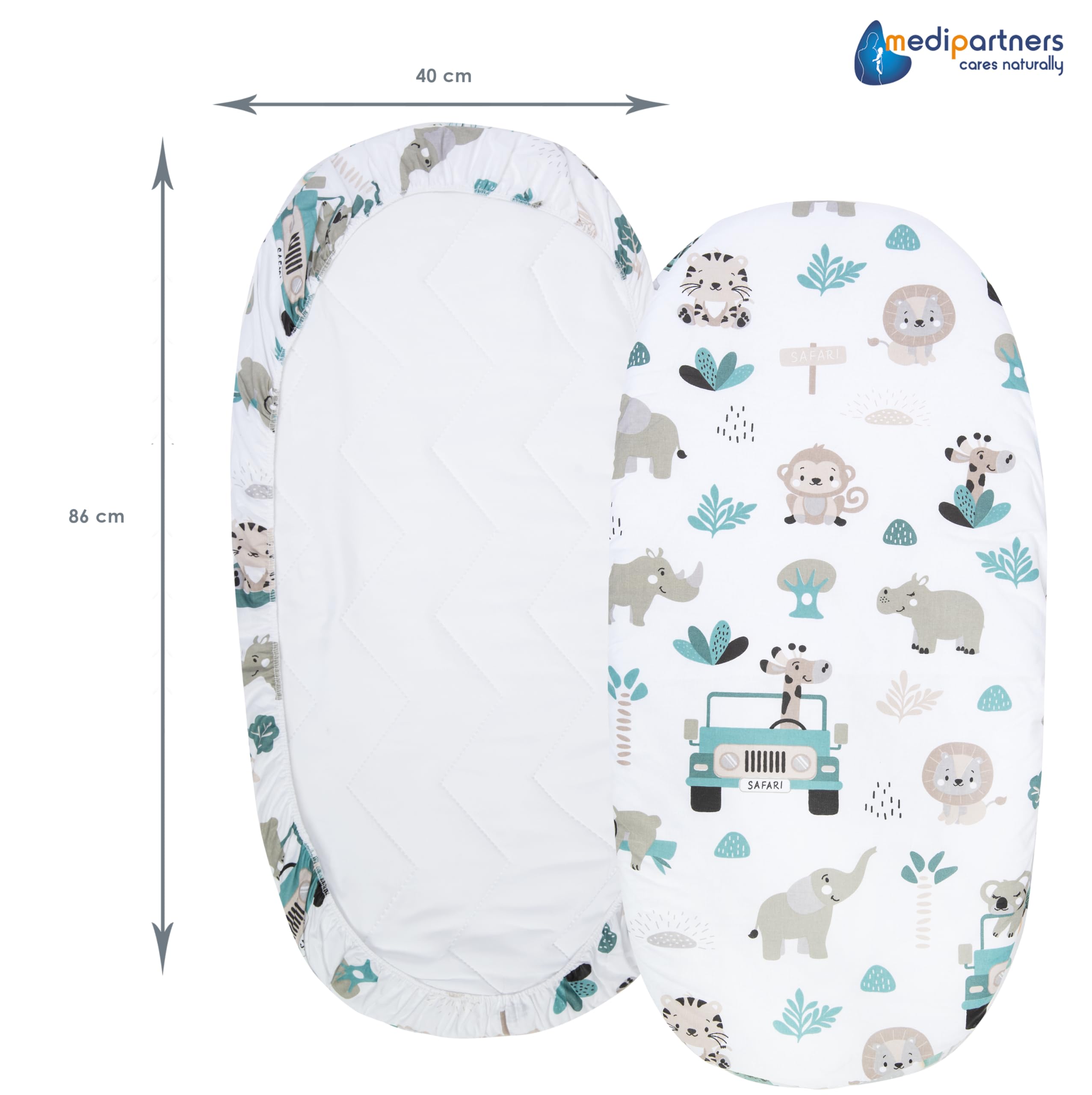 Medi Partners Set of 3 pcs. Fitted Sheet Pram 86 x 40 cm 100% Cotton Mattress Protector Baby, Mint Zoo-white-grey, Three pack - Image 4