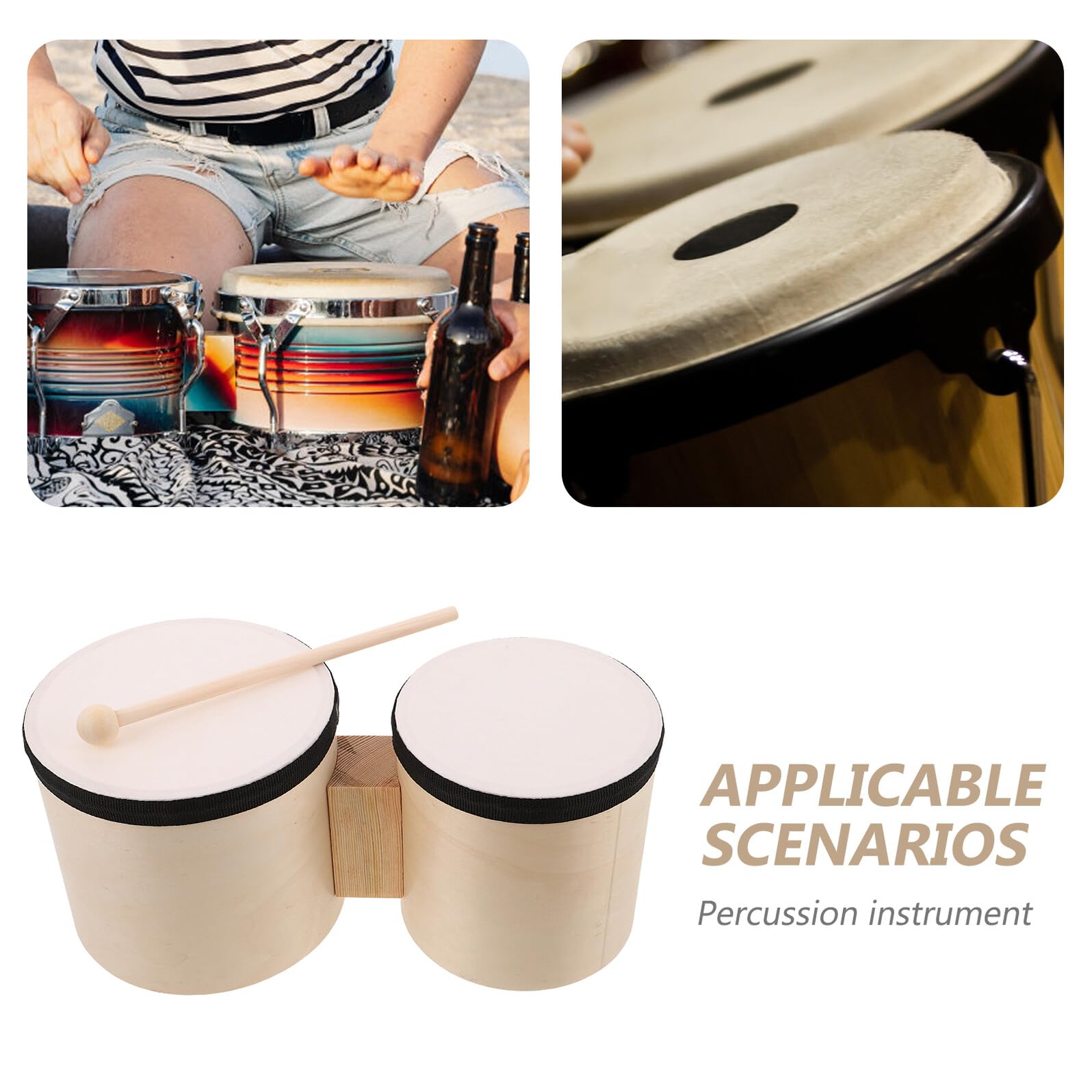 STOBAZA Bongós de Percusión Manual de Madera para Principiantes Juego de 2 Tambores de 5 y 6 Pulgadas con Baquetas Instrumento Portátil Adecuado para Educación Musical y Actividades