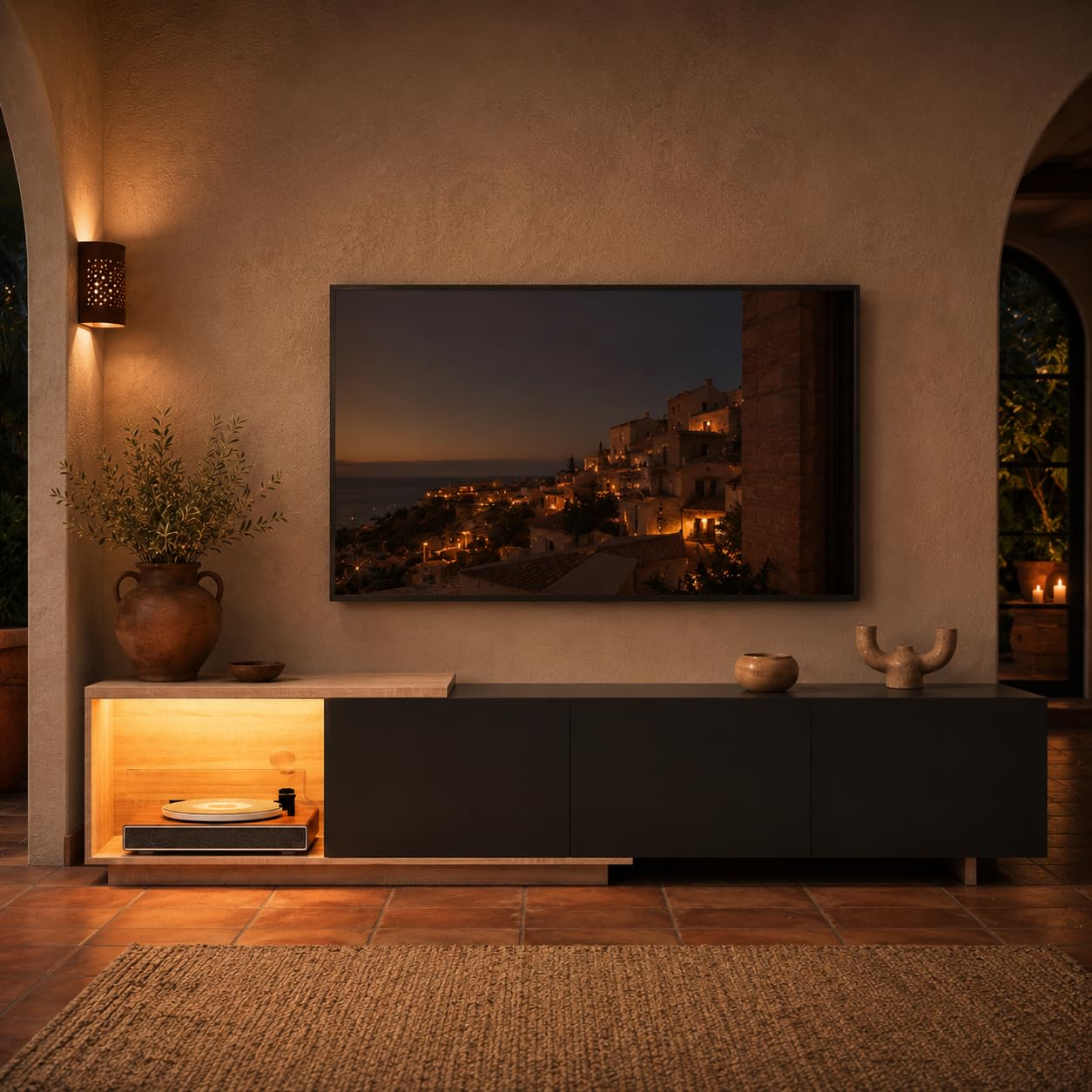 TV-Schrank Lowboard 163cm-240 cm mit Beleuchtung, Fernsehtisch, Fernsehschrank mit 3 Schublade, Ausziehbarer TV-Ständer, Wohnzimmermöbel,Hochglanz Schwarz und Natur Holzmaserung,240x38x44cm