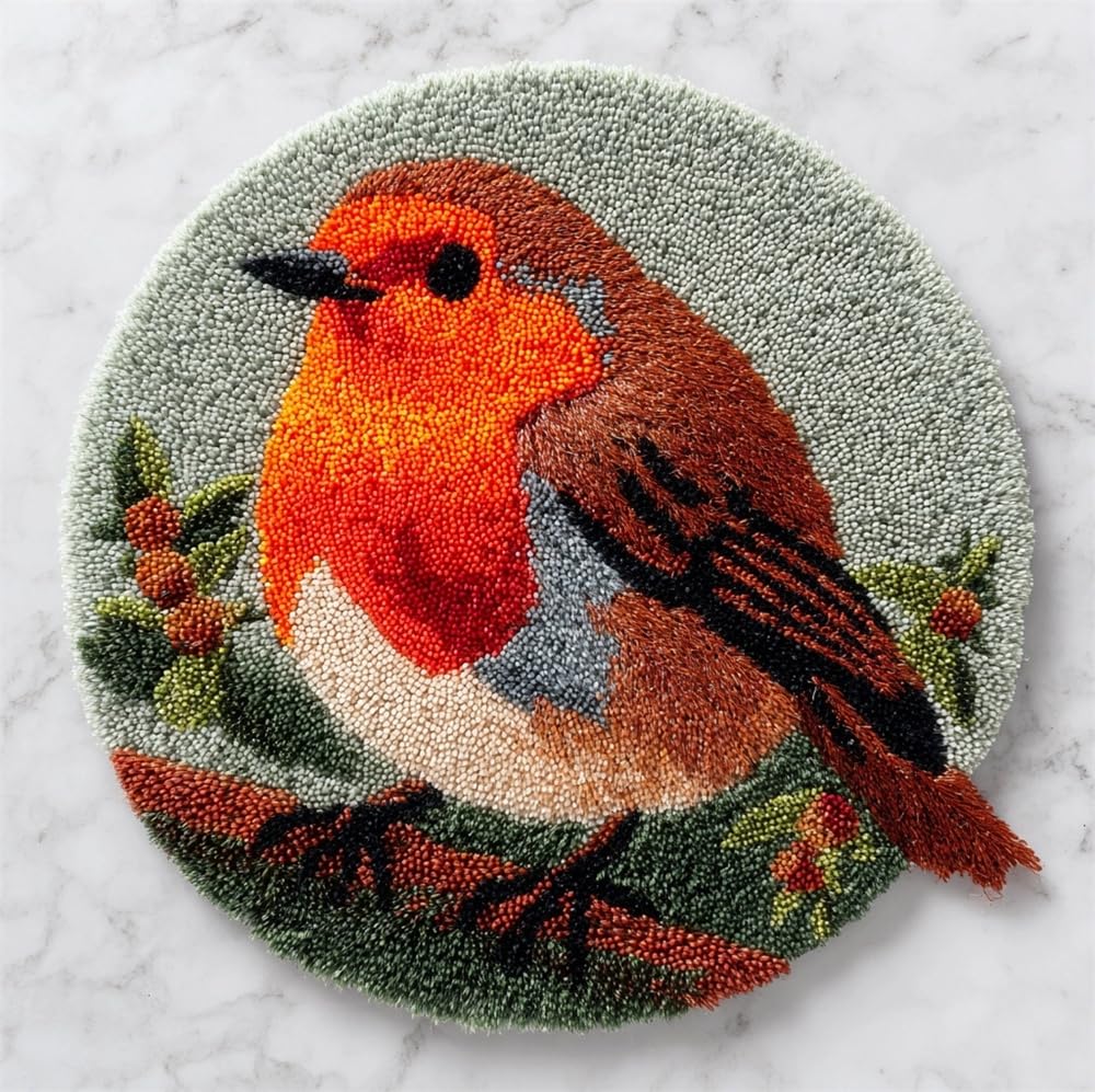 kitphoenix Latch Hook Rug Set,Robin Bird Knotted Carpet 50X50Cm, Rugs Cross Stitch Embroidery, DIY Handmade Latch Hook Rug Making Tool Kit