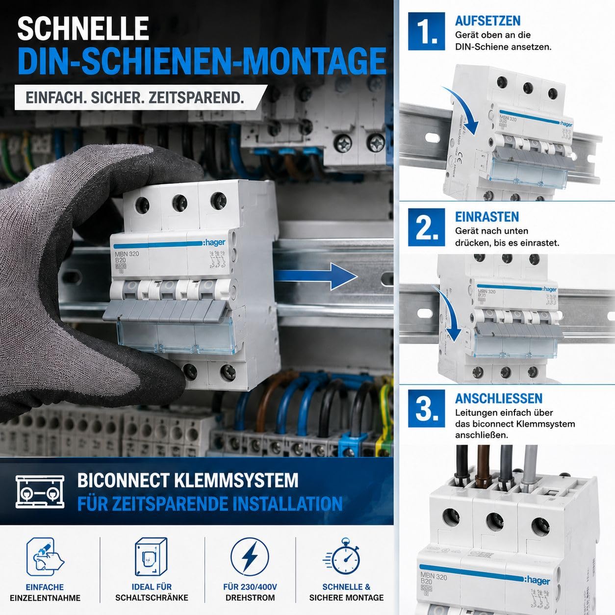 HAGER MBN320 Leitungsschutzschalter 3-polig B20A, Sicherungsautomat 20A, LS-Schalter Drehstrom 400V, 6kA Kurzschlussfestigkeit, biconnect Klemmsystem, FI Verteiler Hutschiene