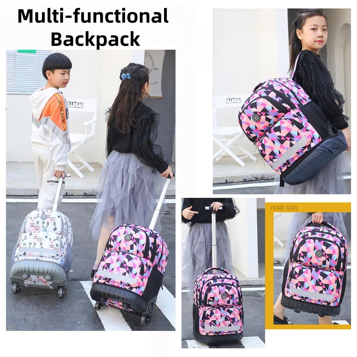 Zaino Scuola Trolley per Ragazze, 40L Zaini con Ruote per Bambini per Scuola e Viaggi, Viola