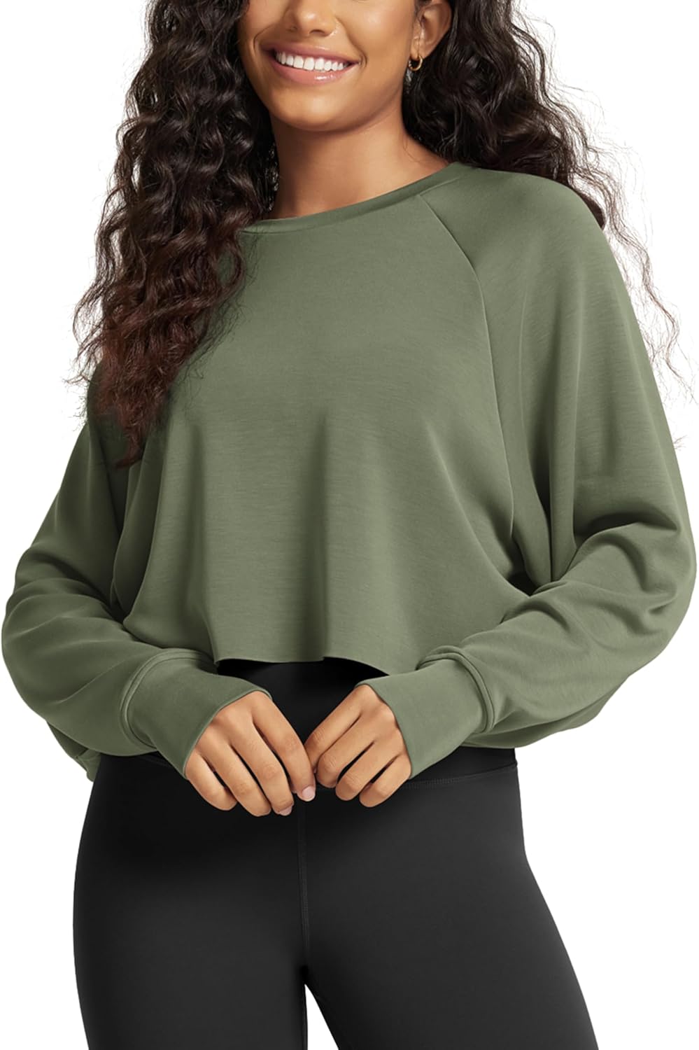 ODODOS Modal Soft Long Sleeve Cropped Sweatshirts with Thumb Hole for Women Crew Neck Pullover Crop Top