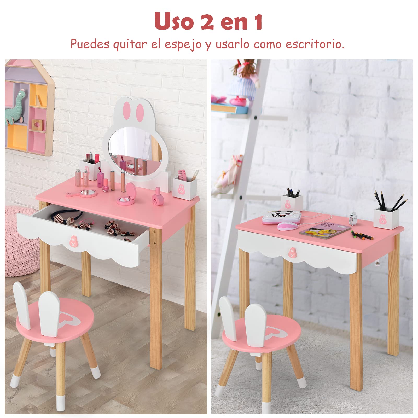 COSTWAY Set Mesa Tocador y Silla para Niños, Set Tocador para Niños con Espejo, Cajones, Mesa de Maquillaje para Niños y Niñas (Rosa)