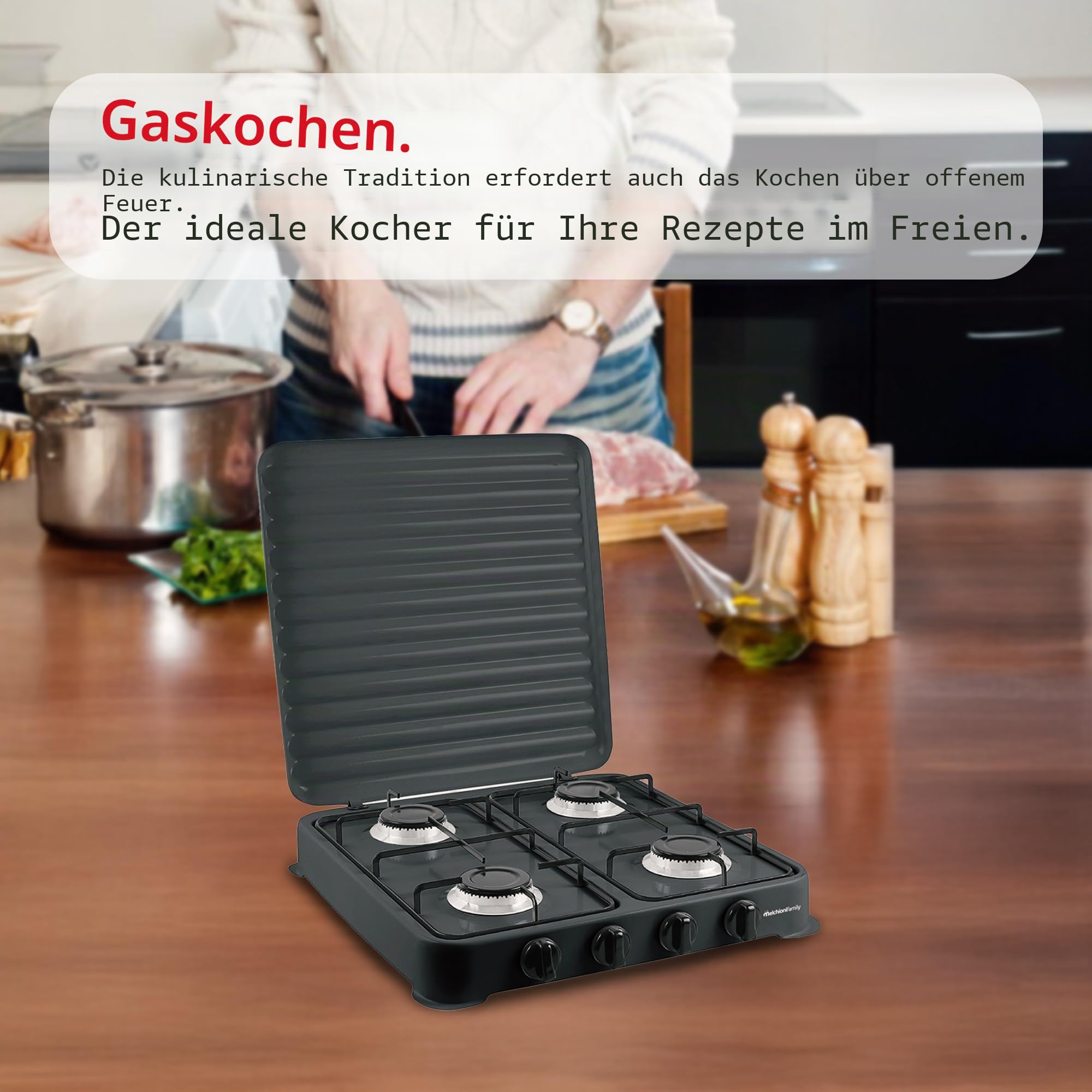 Melchioni Family Gaskocher Modell Minerva New mit vier Brennern, schwarz, für den Außenbereich, mit abnehmbarem Grill und Brenner und Deckel