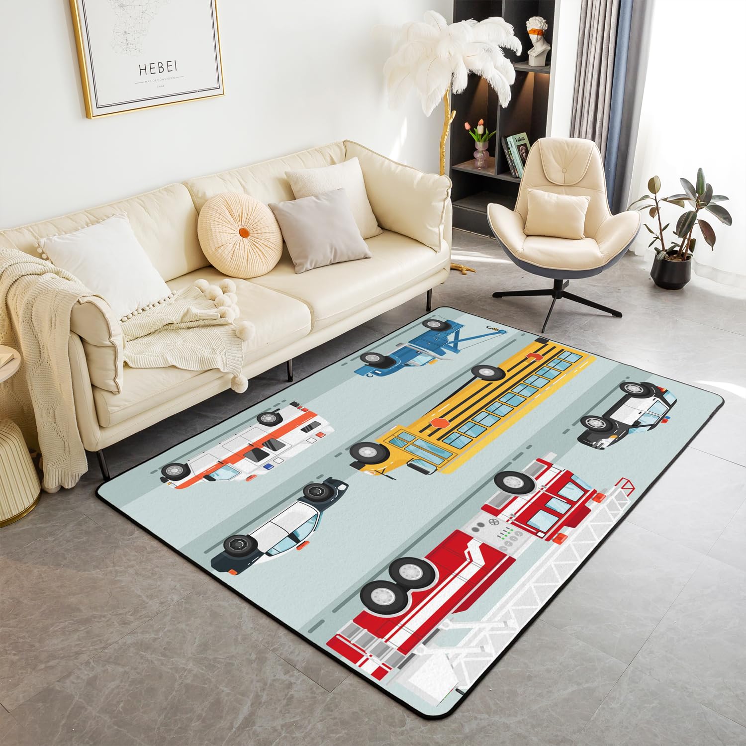Tapis de salon enfant 100x150cm camion de pompier et voiture police