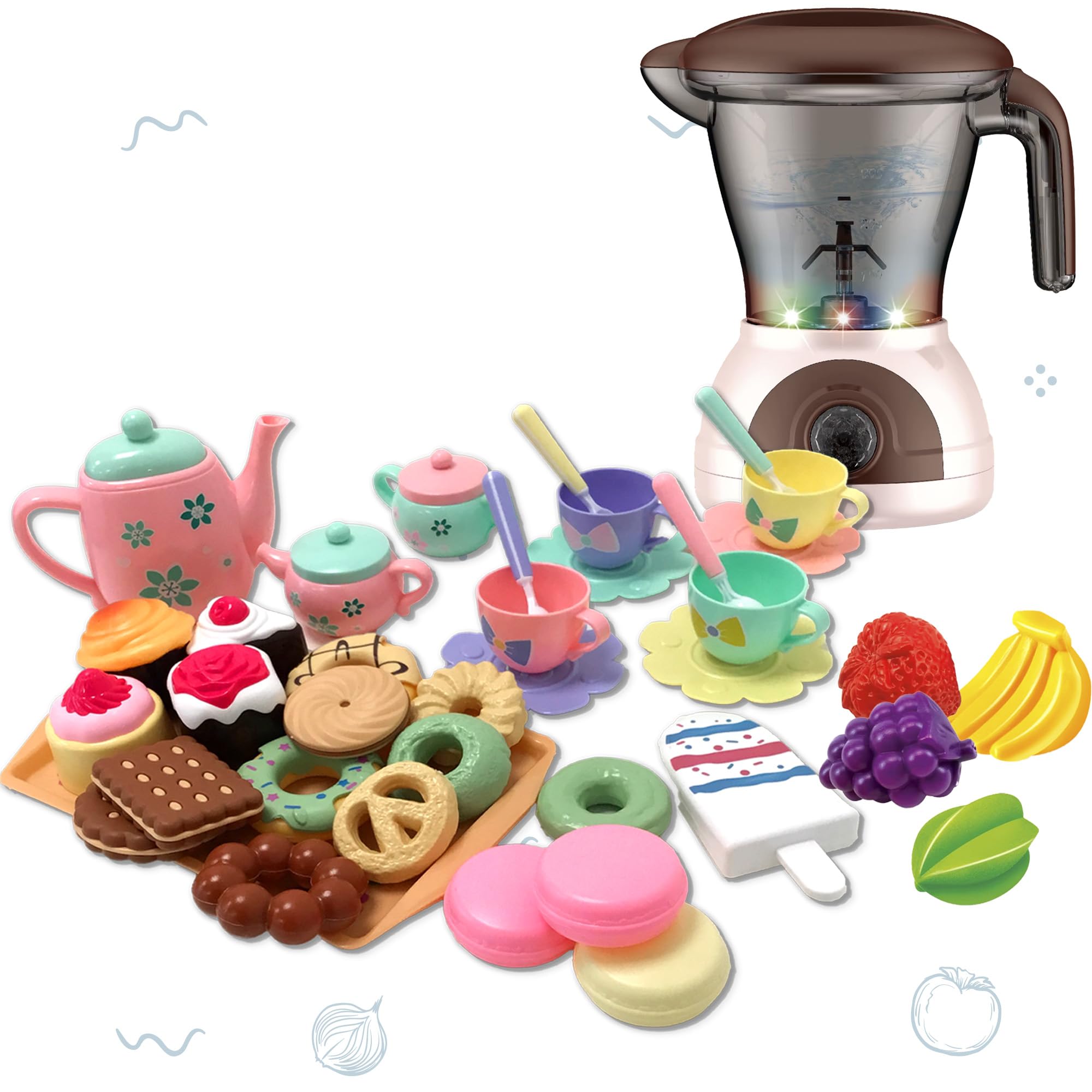 COO11 Kids BlenderJuicer Mixture and Kids Tea Set Party Set Coaster, Plates, Spoons Toddler Random Color Kitchen Accessories Appliances Toy Sound Light Pretend Play Leraning Gift (84 Pcs) Age 3+