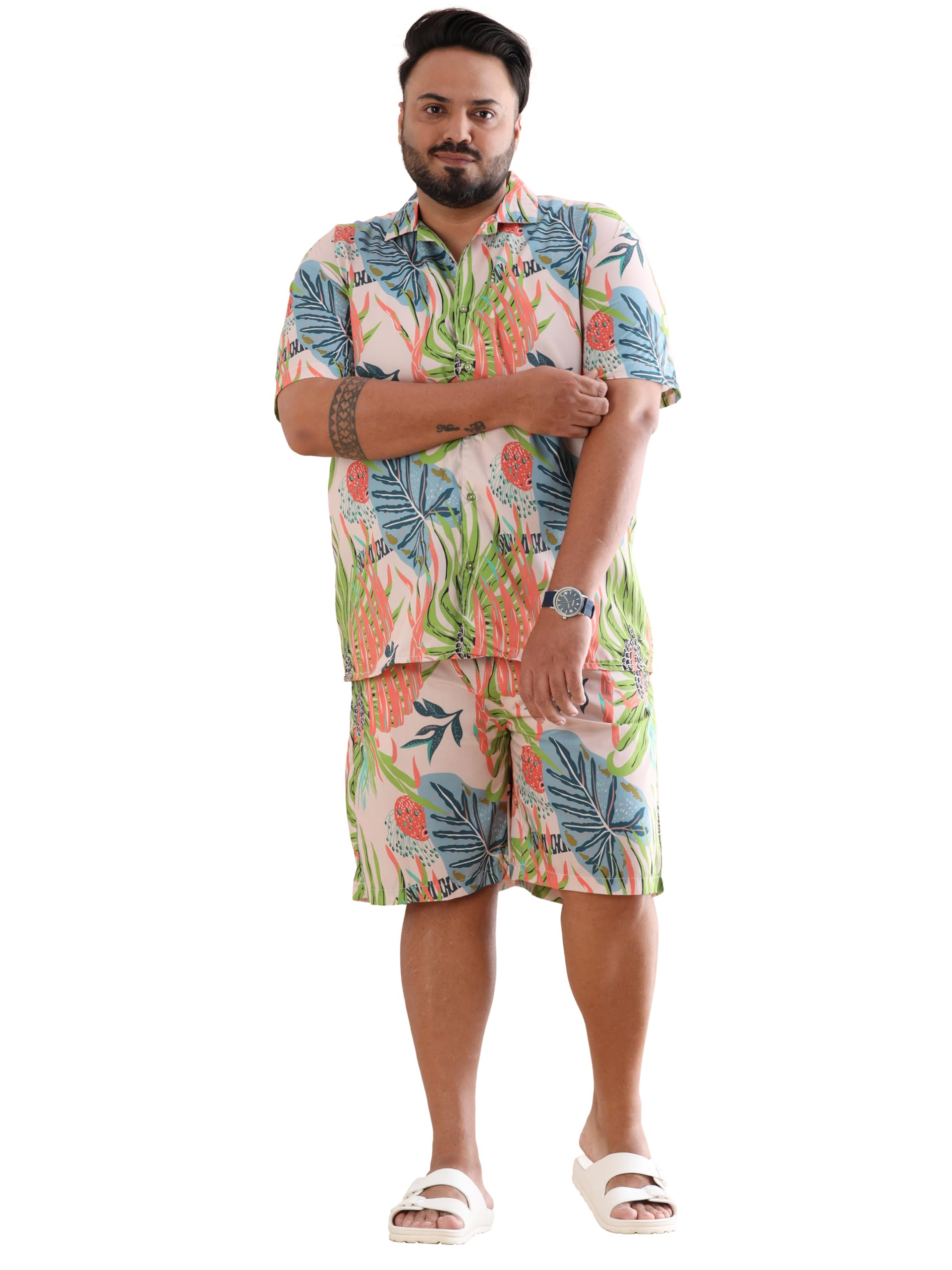Men's Rayon Printed Comfort Casual Night Suit Set, Half Sleeve, Plus Size, Western Style, Shirt Collar, Relaxed Fit Sleepwear White-image-10