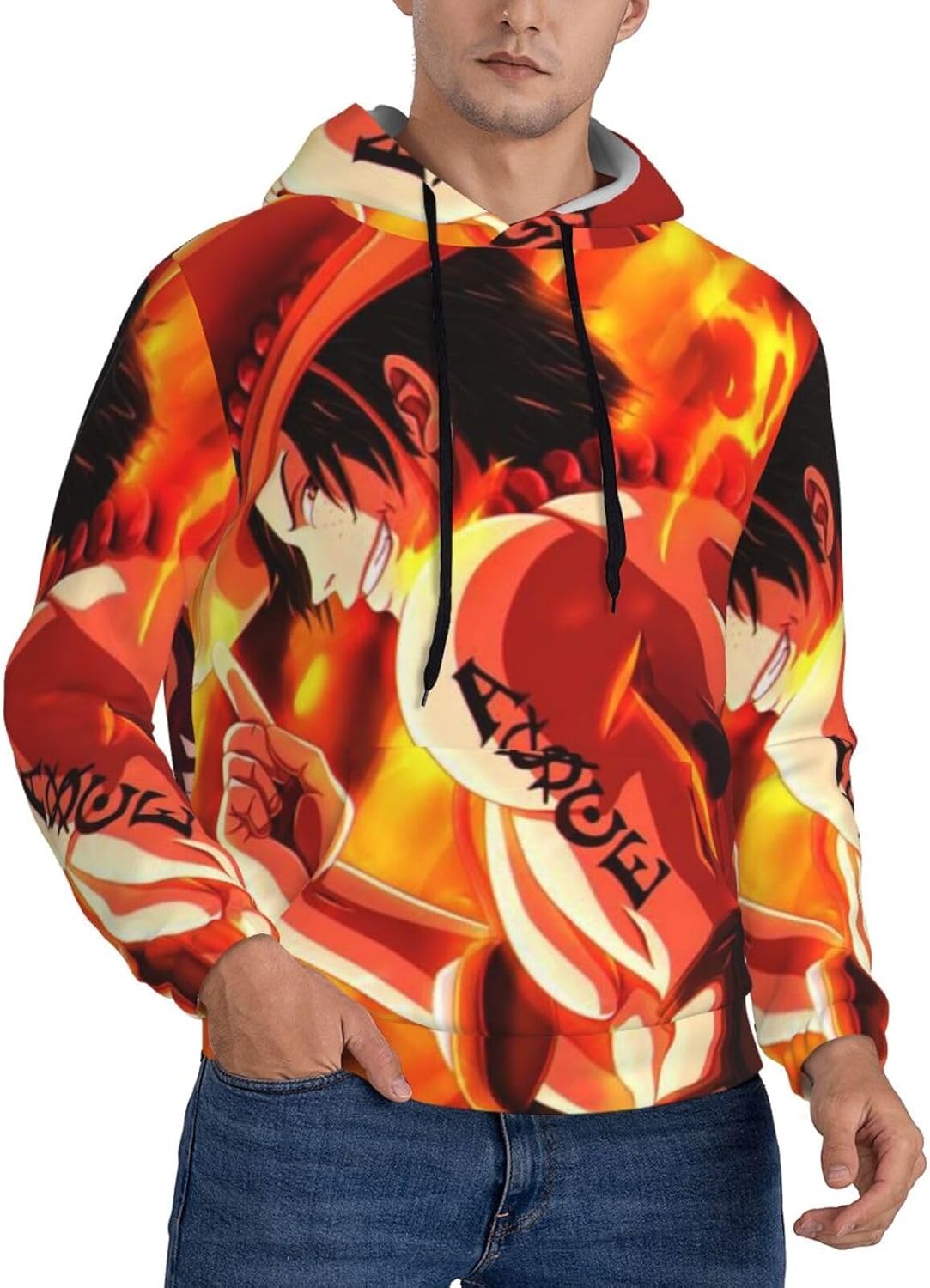 [JECASS] パーカー ワンピース エース 火拳 メンズ 長袖 ポケット付き スウェット おしゃれ 漫画風 ゆったり カジュアル