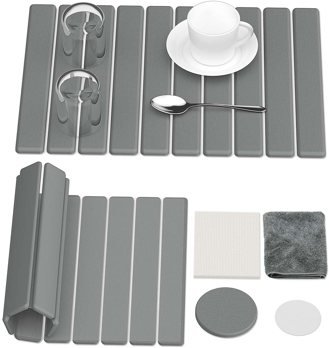 Stone Dish Drying Mat for Kitchen Counter, 24"(L)×16"(W) Collapsible Fast Drying Diatomaceous Earth Mats with Towel Sanding Tool,Versatile Stone Drying Mats for Cups Dishes Bottles Bathroom -Gray