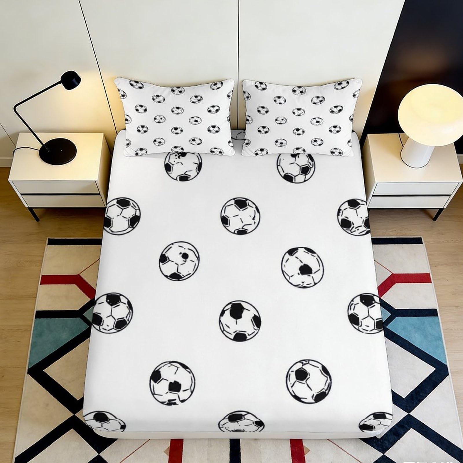 3D Printed Soccer Ball Fitted Sheet Microfiber Soft Breathable Football Pattern Bed Cover for Bedroom Guest Room 90x200x25cm