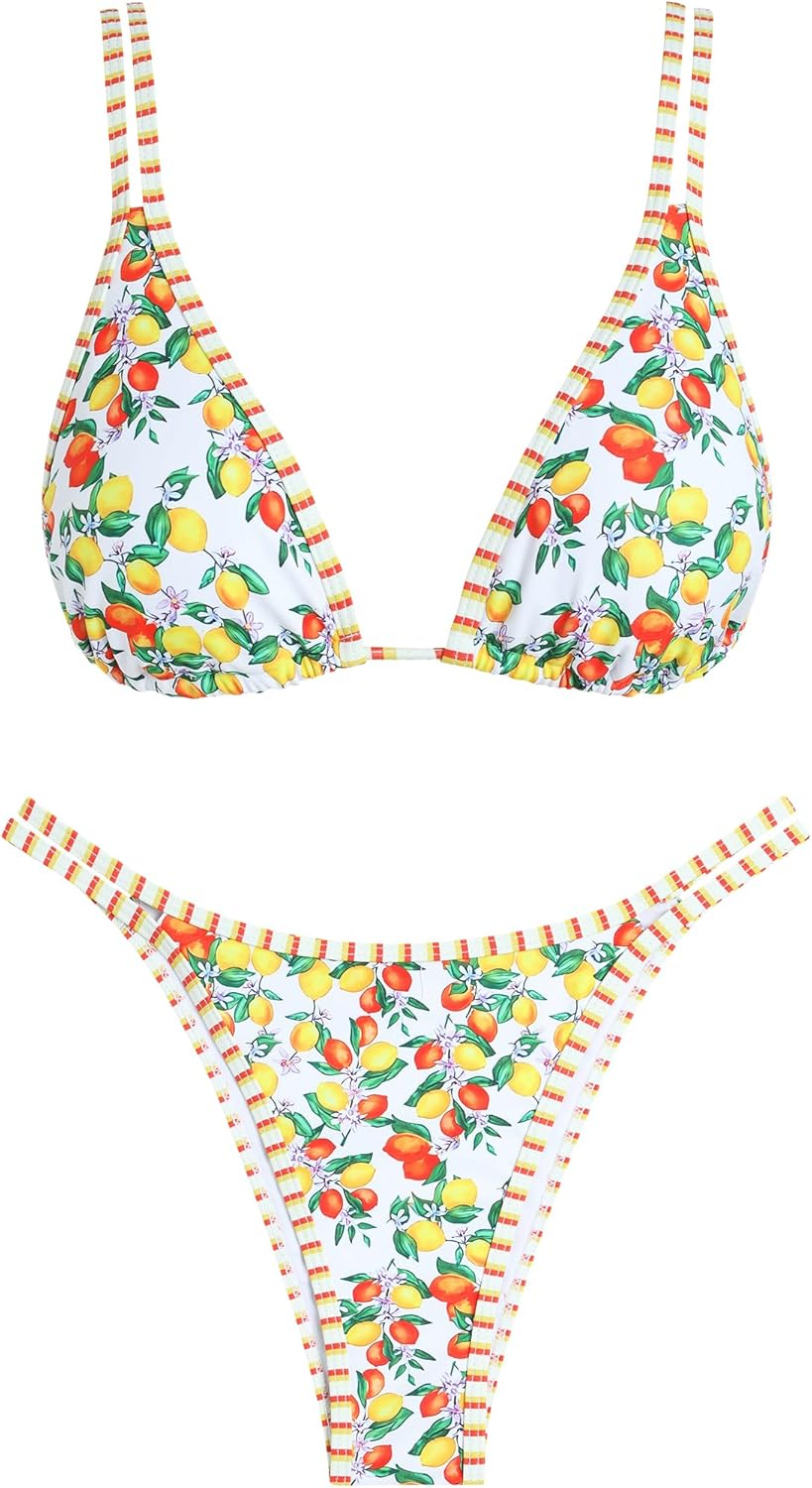 ZAFUL Women's Floral Bikini Set Color Block Double Spaghetti Strap High Cut Swimsuit Two Piece Bathing Suits