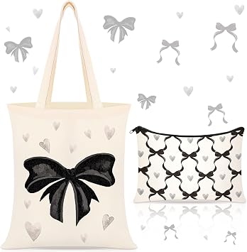 Paterr 2 Pcs Mothers Day Bow Tote Bags for Women Teens Girls, Black Preppy Coquette Canvas Bag with Zipper Makeup Pouch Aesthetic Reusable Grocery Bag Bow Stuff Gifts for Mom Girls Shopping Travel
