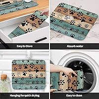 Vista 4 de Tapete de secado de platos con estampado de patas de perro para encimera de cocina, tapete de secado de platos de madera verde azulado, marrón