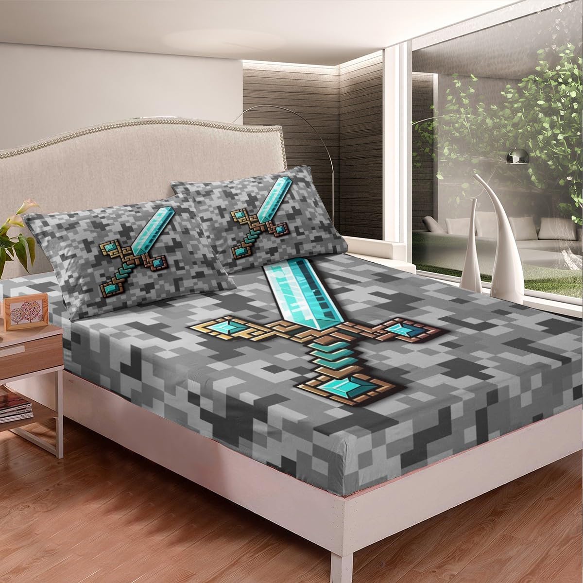 Cartoon Sword Fitted Sheet Full Size,Pixelated Themed Games Bedding Sets 3Pcs,Blue Sandbox Block Bed Sheets for Kids Boys Teens Men Room Decor,Grey Check Camo Deep Pocket Sheet,2 Pillowcases
