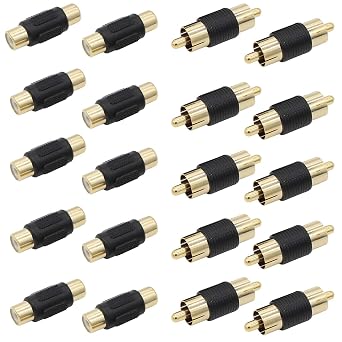 RCA Coupler Adapter Gold Plated 20 Pack, RCA Female to Female Adapter 10pcs, RCA Male to Male Connector 10pcs for Cable Extension, Phono, Speaker, Amplifier