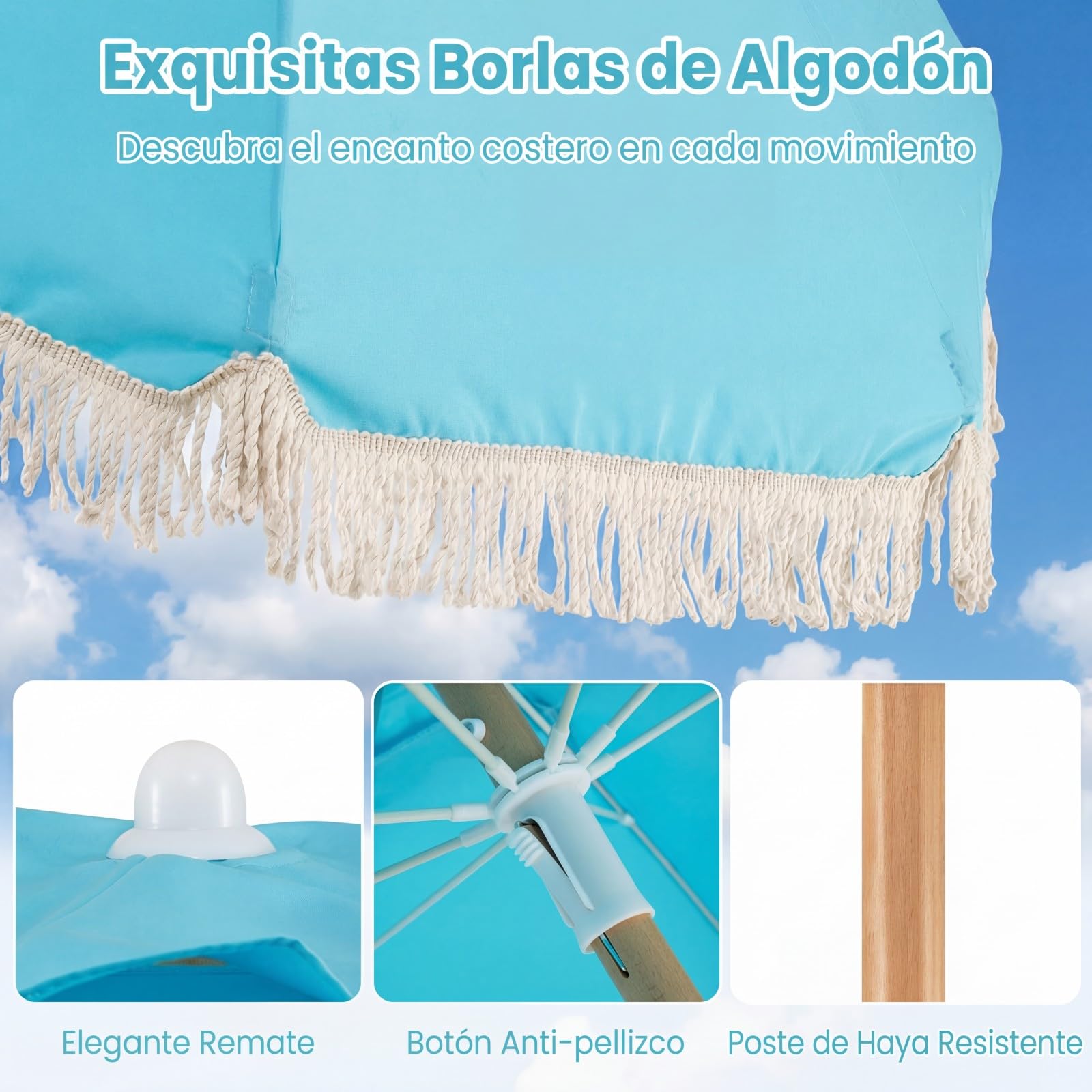 COSTWAY Sombrilla Playa Grande, 170 cm Sombrilla Terraza Exterior con Mástil de Madera, Inclinación 30°, 8 Varillas de Fibra de Vidrio y Borlas, Parasol Exterior de Flecos para Playa Jardín