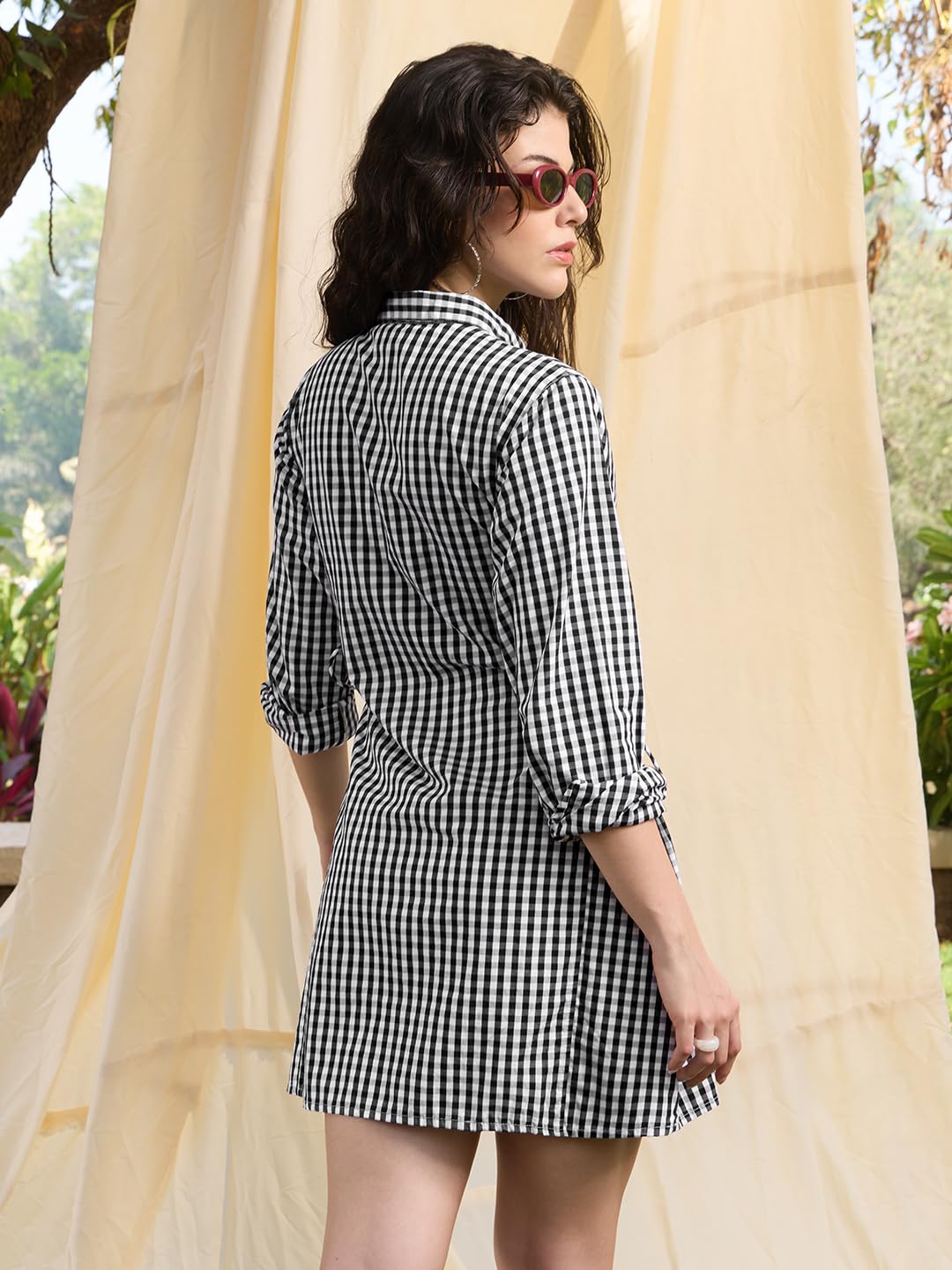 The Souled Store Camicia scozzese: donne e ragazze maniche lunghe colletto spalmato cotone a quadretti ricamato vestibilità regolare vita laterale regolabile abiti legati