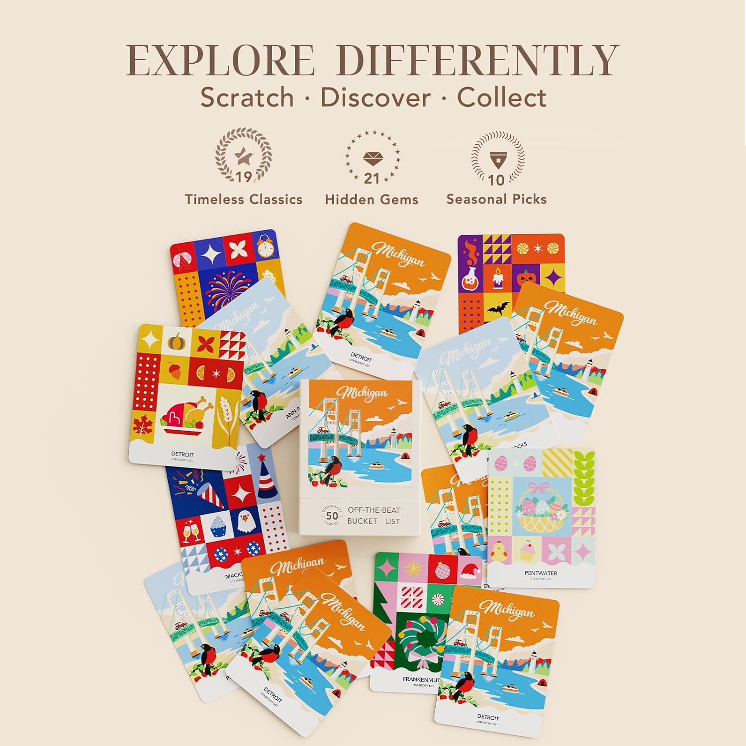 Adventure Bucket List Michigan – 50 Scratch Off Adventure Bucket List Cards with Classic, Hidden Gems & Seasonal Experiences, Off-the-Beat Bucket List Box, a Michigan Local Travel Gift