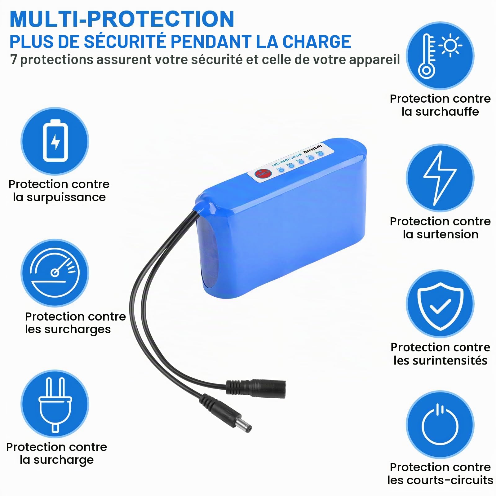 Talentcell Batterie LiFePO4 12 V, plus de 3000 cycles rechargeables, 12,8 V, 6000 mAh, 76,8 Wh, batterie de secours avec sortie DC 12 V pour bande lumineuse LED, caméra de vidéosurveillance, routeur