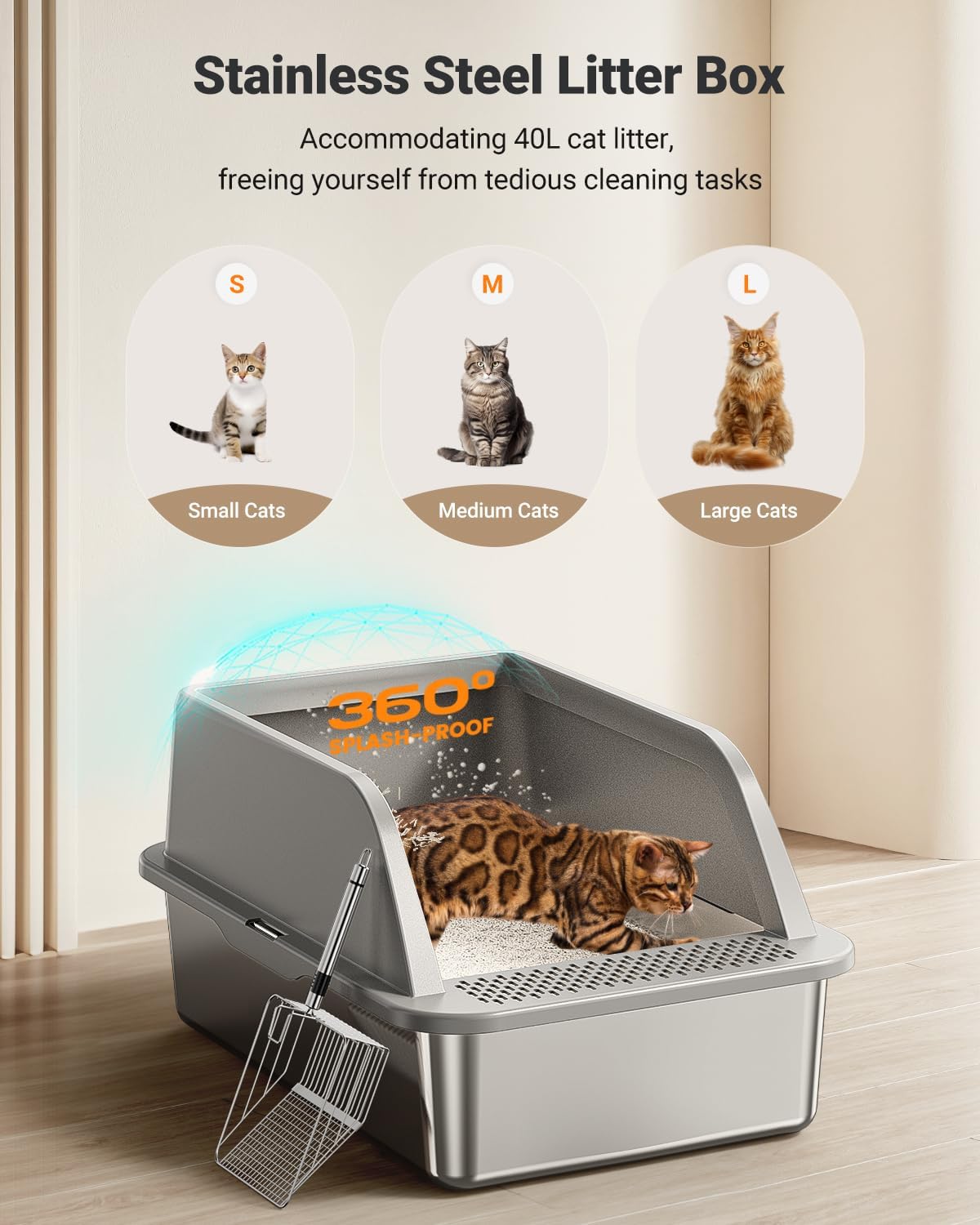 XL Stainless Steel Litter Box, Extra Large Metal Cat Litter Box with High Sided for Big Cats, Enclosed Litter Boxed with Lid, Easy-Clean Cat Litter Mat & Scoop Kit, Anti-Urine Leakage (Grey)