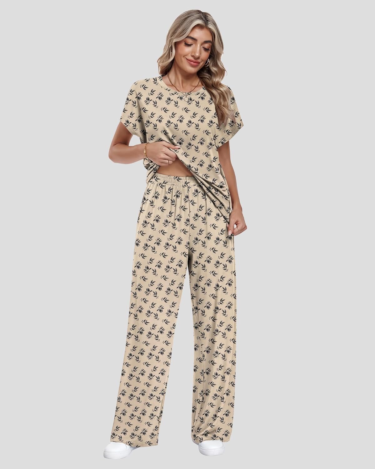 AUSELILY Women's Batwing Short Sleeve Two Piece Sets Summer Crew Neck Wide Leg Pants Matching Sets Women Clothing 2026 - Image 3