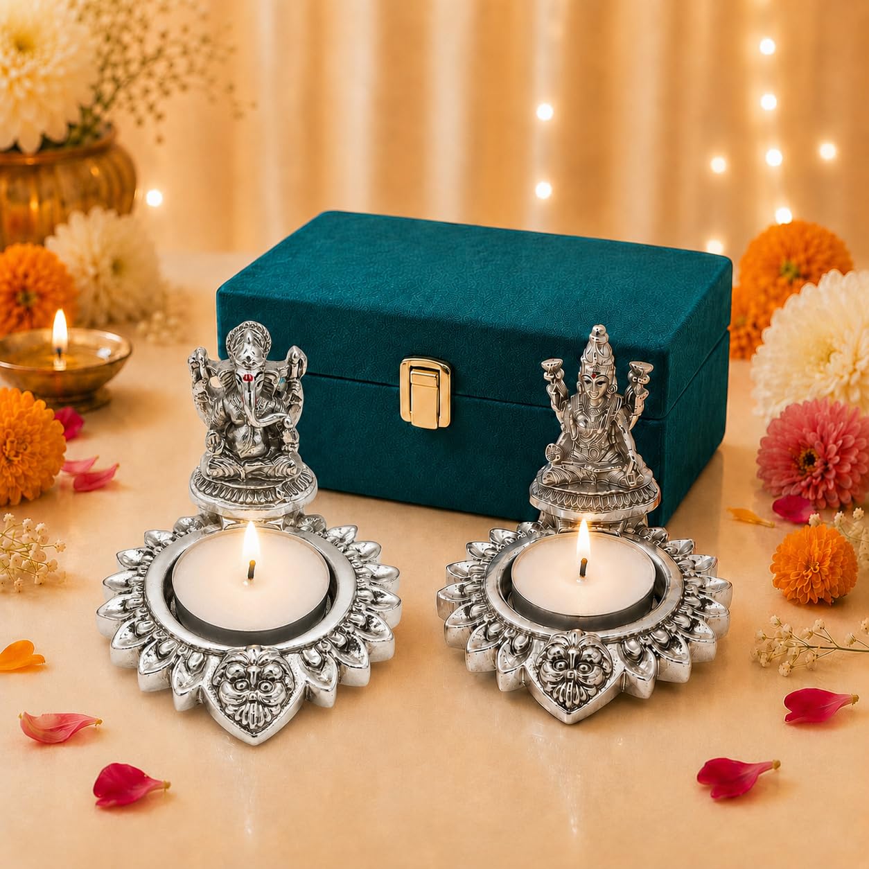 999 Silver Plated Lakshmi Ganesha Diya for Pooja - Set of 2 | Handcrafted Deepak for Home Mandir & Office, Diwali Decoration & Festive Gifting-image-46
