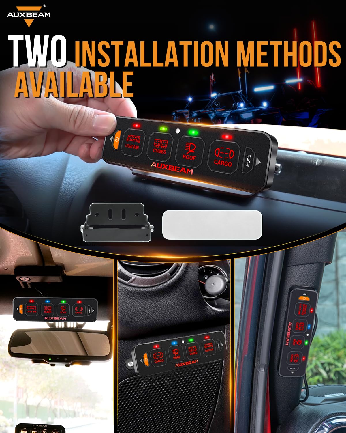 Auxbeam 4 Gang Slim Switch Panel RGB AS-R40 Automatic Dimmable Switch Panel with Toggle Momentary Pulsed Off Backlight Unique Patented Design Control Panel for Truck Offroad Boat, 3-Year Warranty