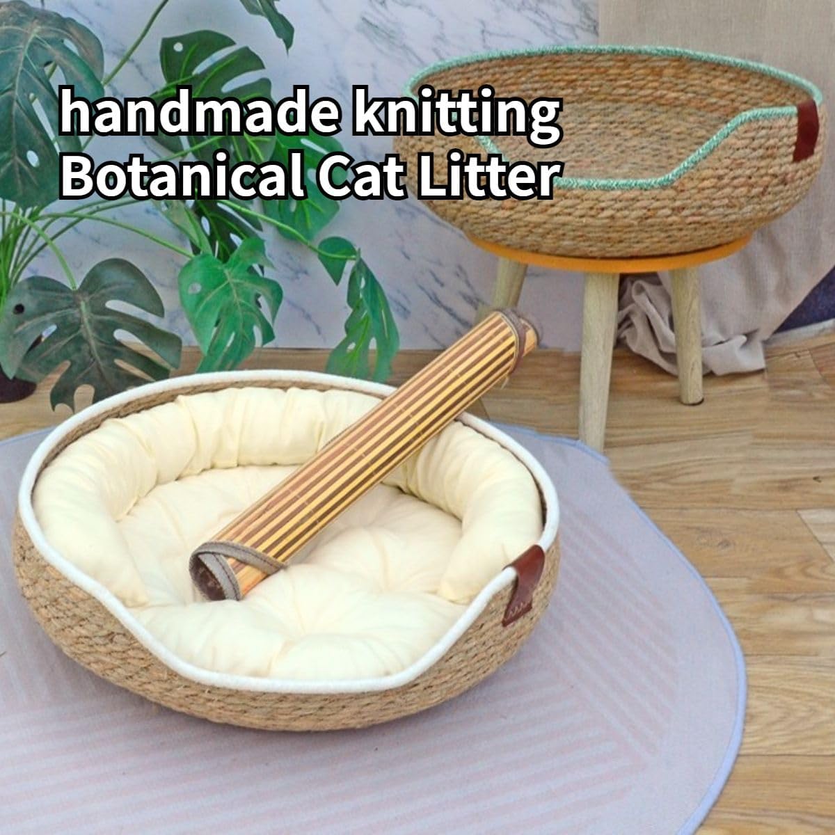 review Straw Woven Cat Baskets Bed,Round Breathable Wicker Cat Basket Nest, Summer Cat Bed, Non-Slip Cozy Kitten Bed for Rabbit, Small Dog (White-Nest with Accessories,Large)