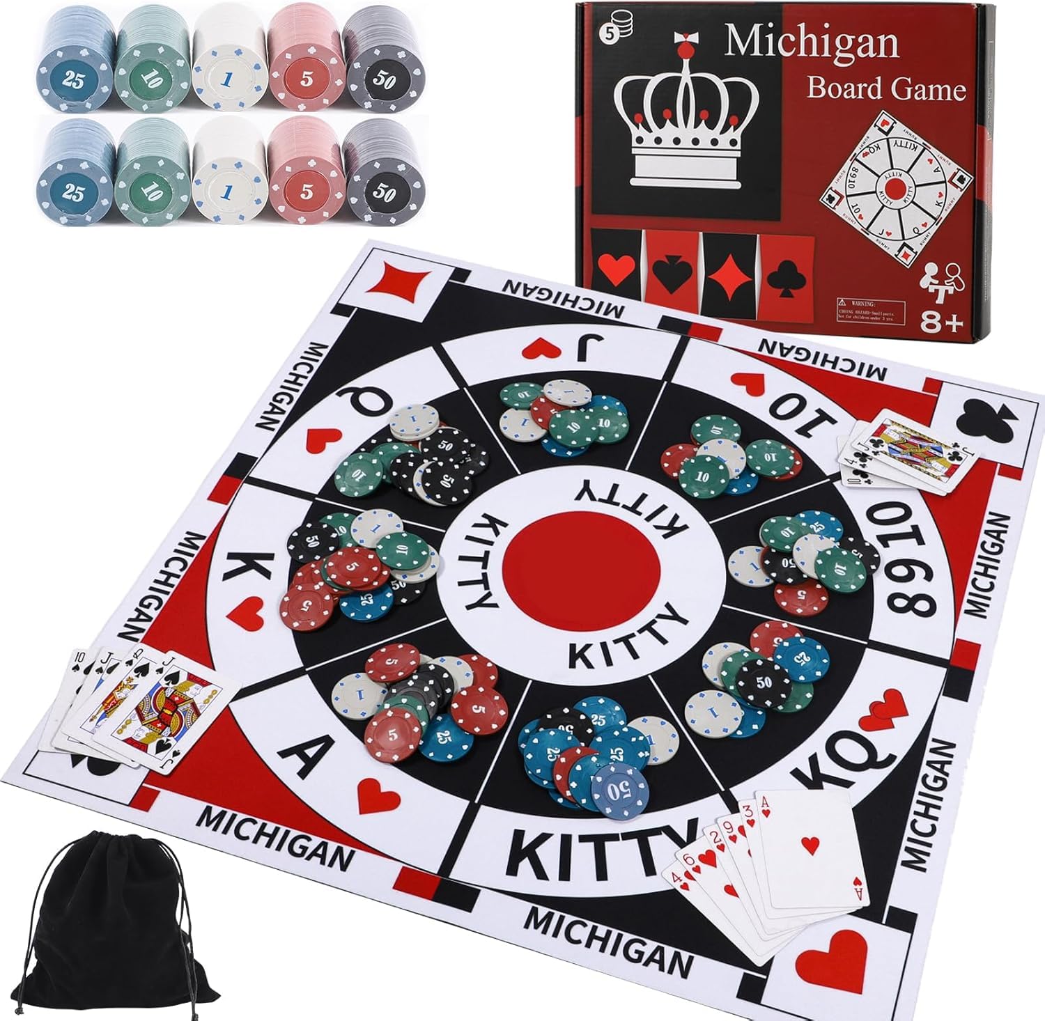 Dreamplay Gifts 23.6 Inches Tripoley Game Tripoli Board Game Anti-Slip Mat,Combination of Michigan Rummy, Hearts and Poker,200 Pokers,2 Boxes of Cards,1 Storage Bag