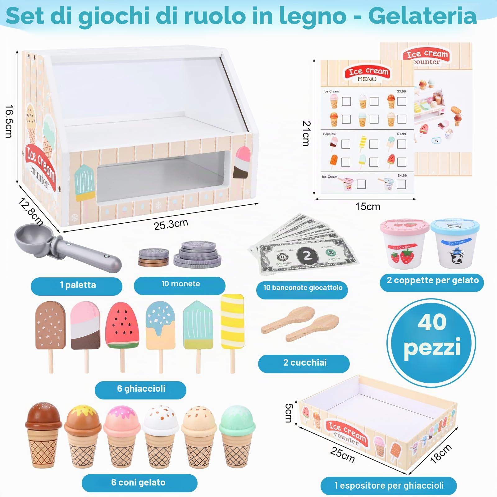 Gelateria Giocattolo per Bambini,Giocattolo per Gelato in Legno,Montessori Gioco di Ruolo Educativo Regalo per Bambini,Gelateria Giocattoli in Legno per Bambini da 3 4 5 6 Anni Ragazzi Ragazze