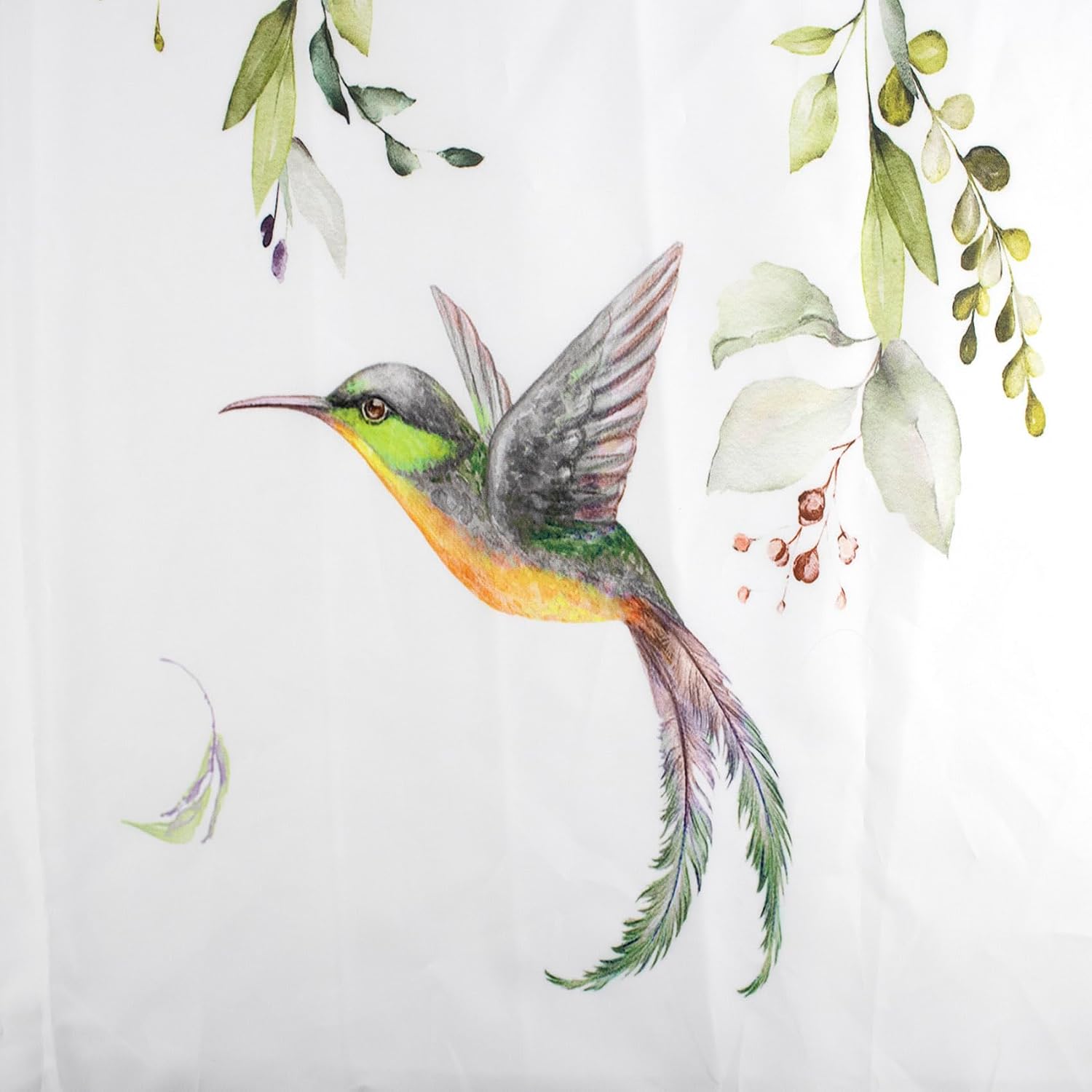 HVEST Sage Green Eucalyptus Shower Curtain for Bathroom, Spring Green Leaf and Pink Floral Hummingbird on White Shower Curtain with Hooks Nature Plant Bathroom Curtains Shower Set, 72L X 60W inches