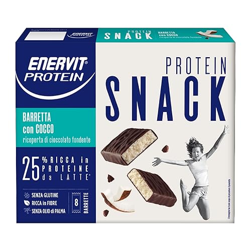 Immagine del prodotto Enervit, Protein Snack al Cocco, Barrette Energetiche con Proteine del Latte e Fibre, per Mantenere il Tono Muscolare, con Cioccolato Fondente, Senza Olio di Palma, Pack di 8 barrette da 27 Grammi
