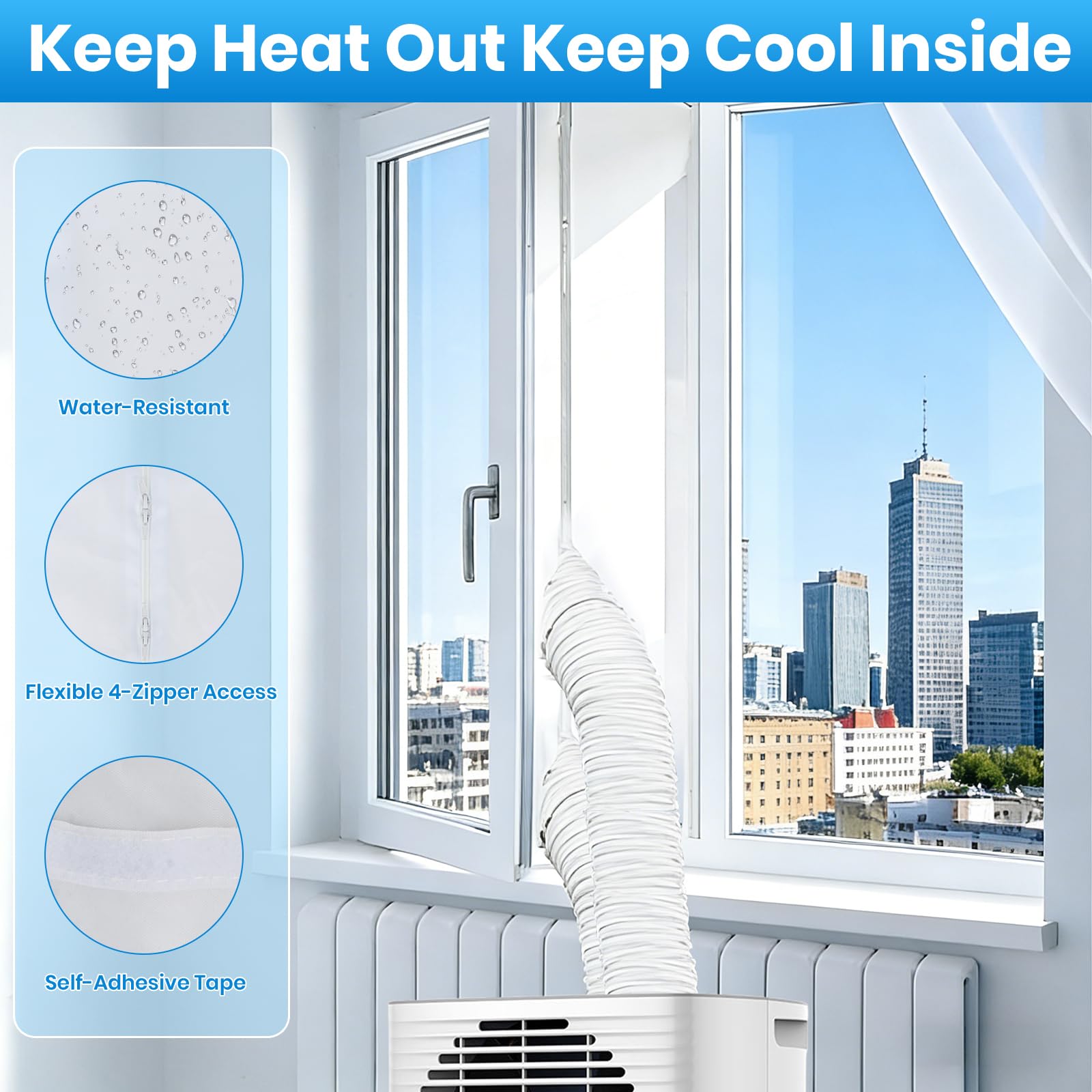 Kit Ventana Aire Acondicionado Portátil 300 cm, Sellador De Ventana para Aire Acondicionado, para Ventana Abatible, Oscilobatiente y Tragaluz, para 1 o 2 Tubos, Impermeable, Sin Taladrar