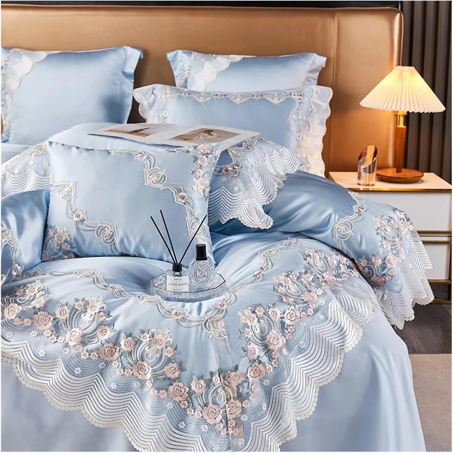 Bed Four Pieces Set Champagne French Wedding Bedding Set Chic Lace Silk Cotton Luxury Princess Duvet Cover Bed Comforter Covers Bed Sheet Pillowcase(B,Fitted Bed Sheet-Queen 4PCS)