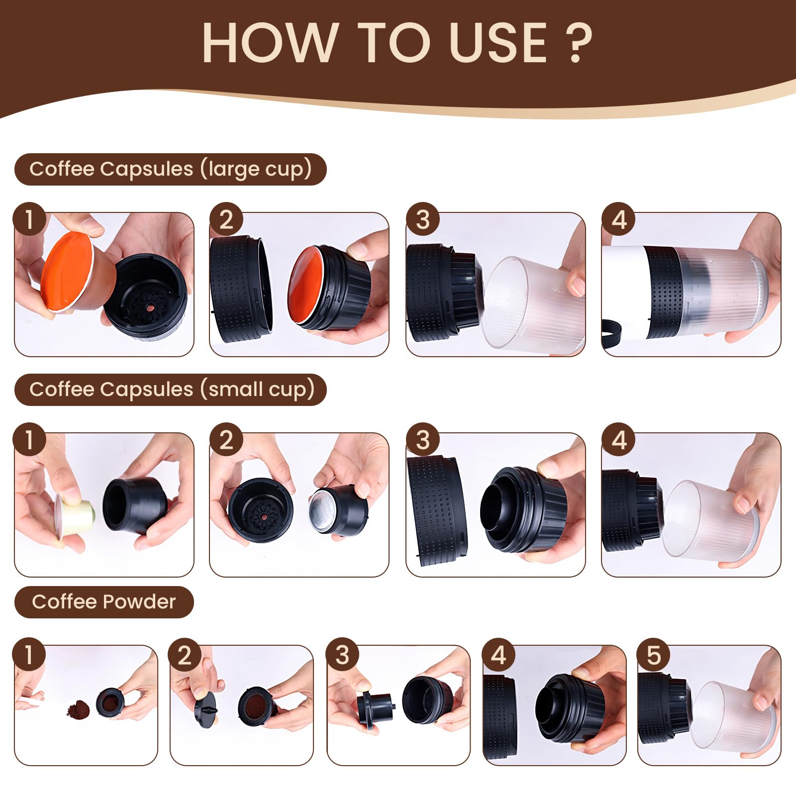 SOPPY Cafetera portátil Máquina de café espresso de camping, cafetera de cápsulas Expresso Cafetera recargable Calefacción rápida, compatible con café molido y cápsulas de café, Negro