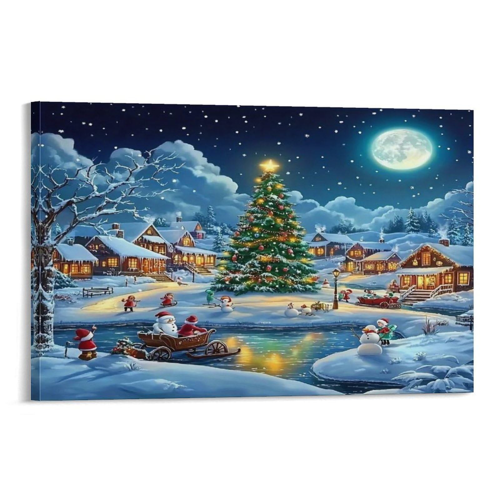 Snowy Christmas Village Under Moonlight Individual Moonlit Village Big Christmas Tree Kids Play Wall Art Pieces - Office Canvas Print Fade Resistant Wall Focal Art Ready to Hang 08x12inch(20x30cm)