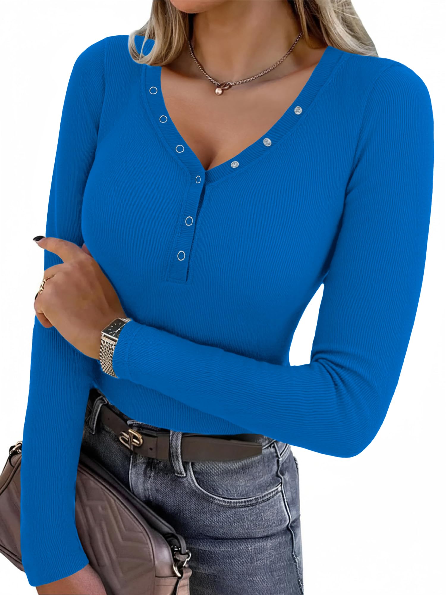 Aottori Langarmshirt Damen V-Ausschnitt mit Knöpfen Slim Fit Oberteile Gerippt Stretch Pullover Dünn Elegant Henley Shirt Langarm Basic Tops