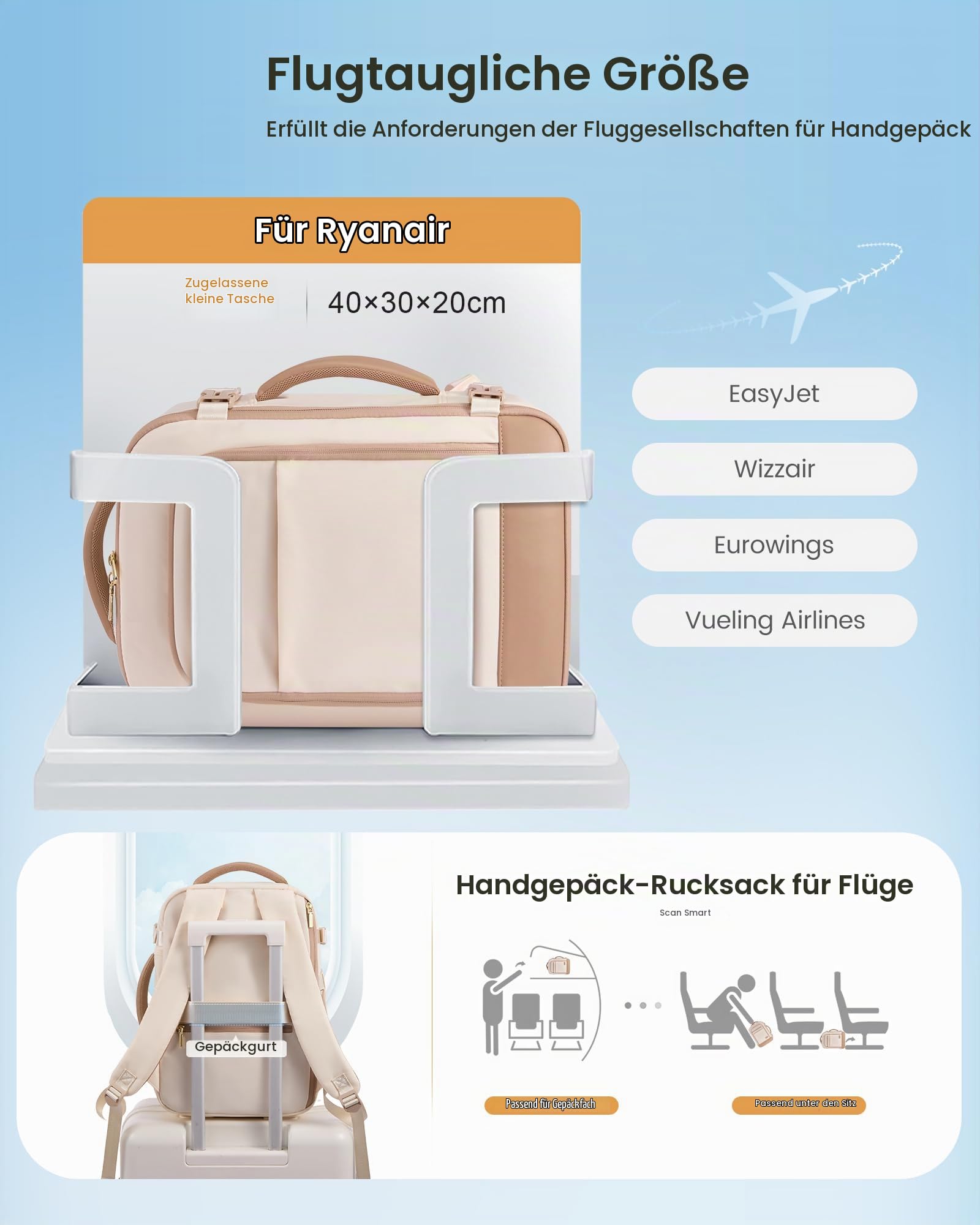 LOVEVOOK Ryanair Handgepäck 40x30x20, Handgepäck Rucksack Tasche, Reiserucksack Damen, Carry On Hand Luggage Underseat Laptop Travel Backpack Cabin Bag 20L