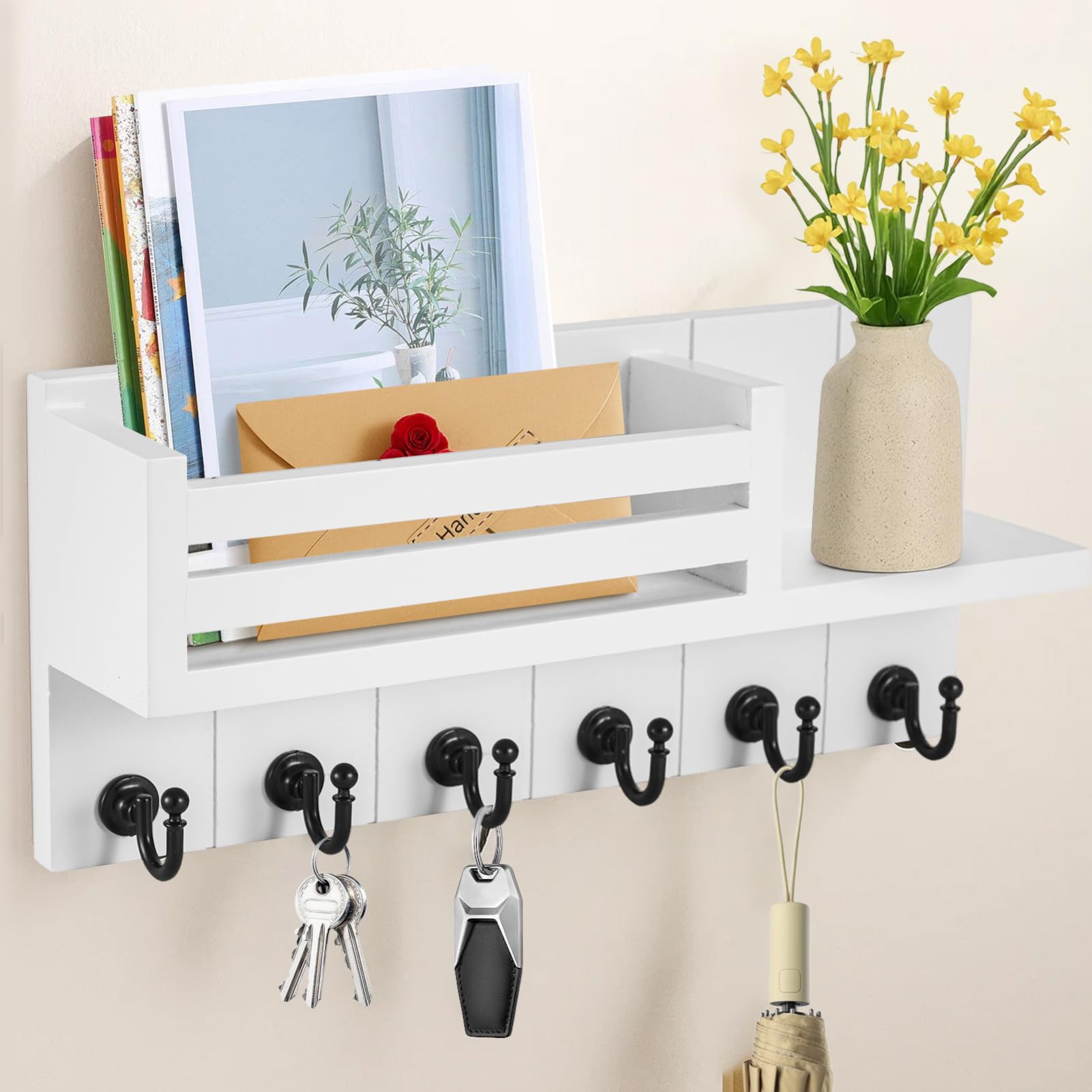 BREEZENEST Wooden Key Holder for Wall with 6 Hooks & Mail Shelf Wall Mounted Entryway Organizer with Self Adhesive or Screw Installation Key Rack for Keys Sunglasses Mail Letters for Hallway (White)
