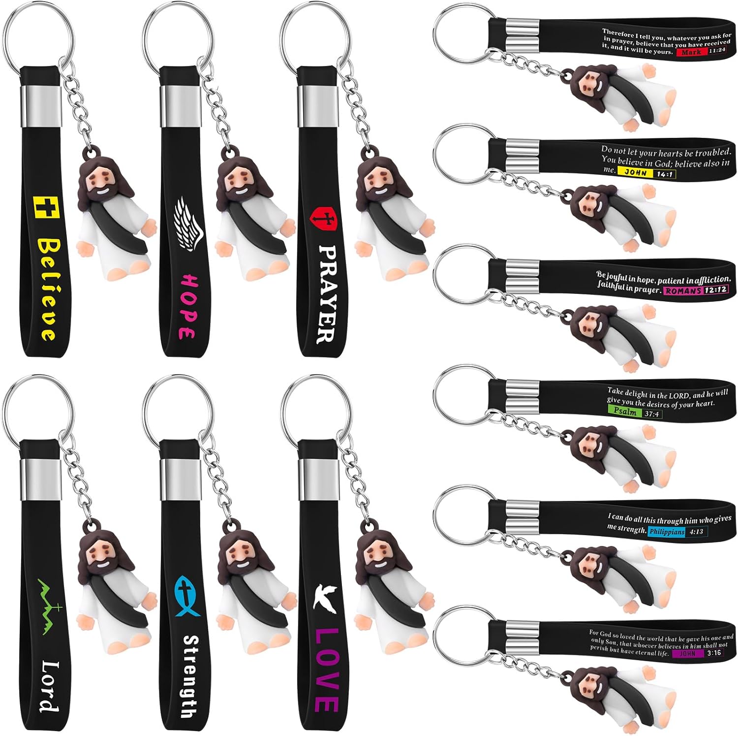 Bememo 12 Pcs Christian Mini Jesus Keychain Silicone Bible Verse Keychain Little Jesus's Figurines Religious Gift for Adult