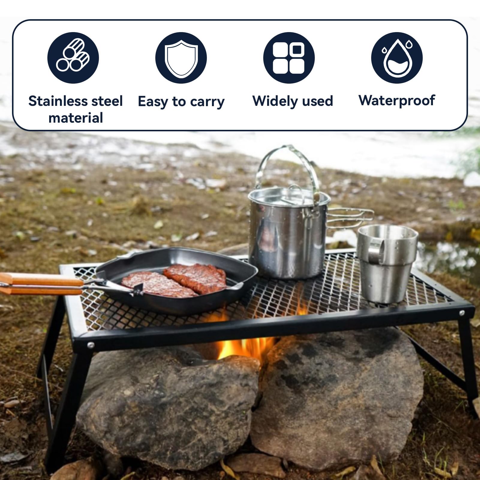 Barbecue de Feu de Camp Pliable, Grille de Cuisson Portable et étanche Fer Robuste pour Feu de Camp Plaque de Cuisson Portable avec Grande Surface Antiadhésive pour Barbecue en Plein Air