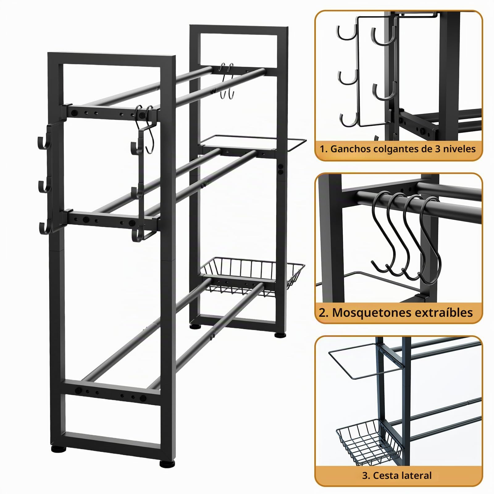 Soporte de pesas de 3 niveles, soporte ajustable para mancuernas con ganchos para almacenamiento de fitness en casa, peso de 390lbs, color negro
