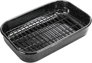 JY COOKMENT 16x11 Inch Roasting Pan with Rack - Large Porcelain Turkey Roaster Fits 20lb Bird, Oven Safe Dishwasher Safe