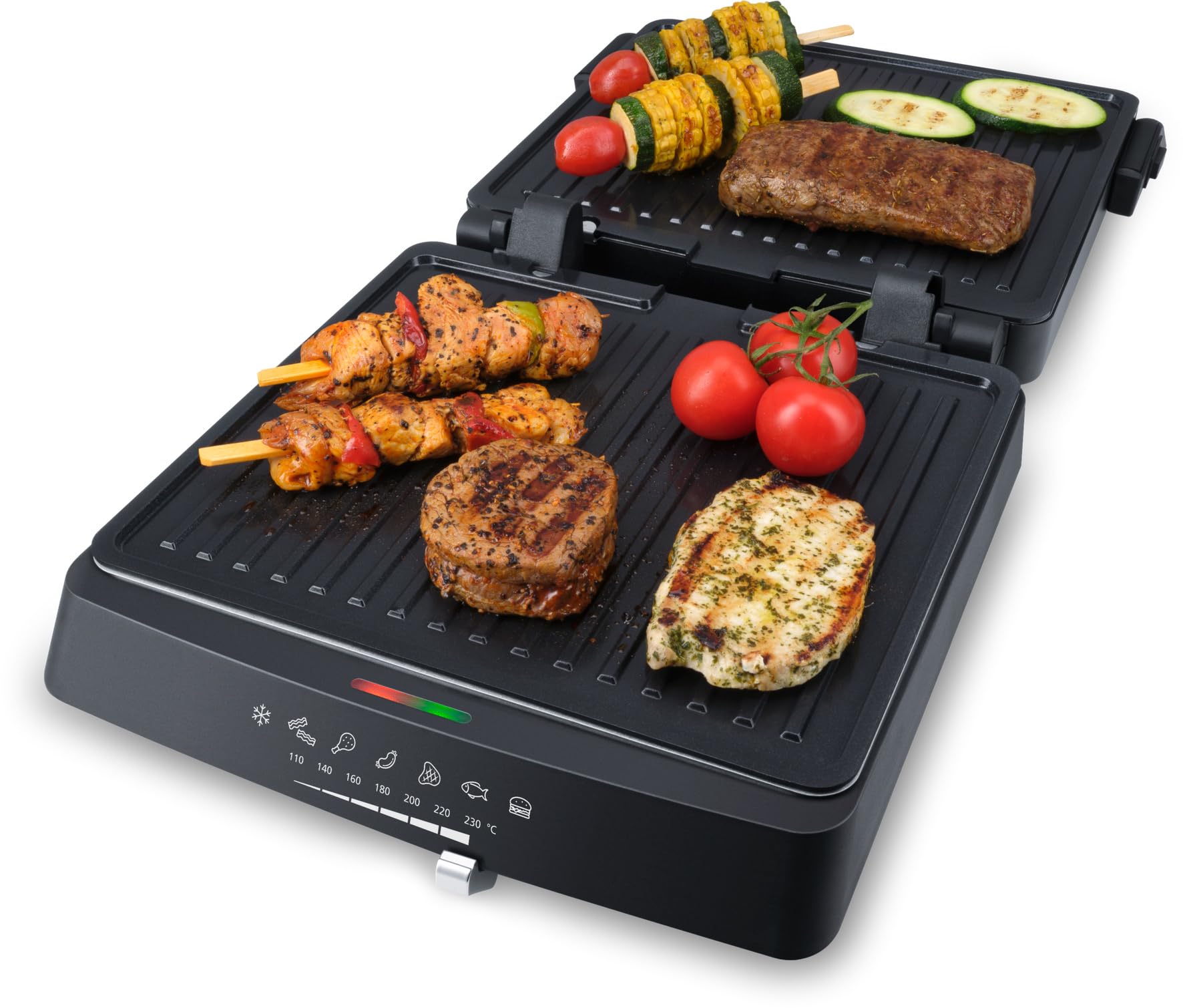 Steba FG 75 grill stołowy i kontaktowy | Płyty grillowe niezawierające PFAS: 27 x 24 cm, lampa kontrolna pracy i temperatury, rozkładana o 180°