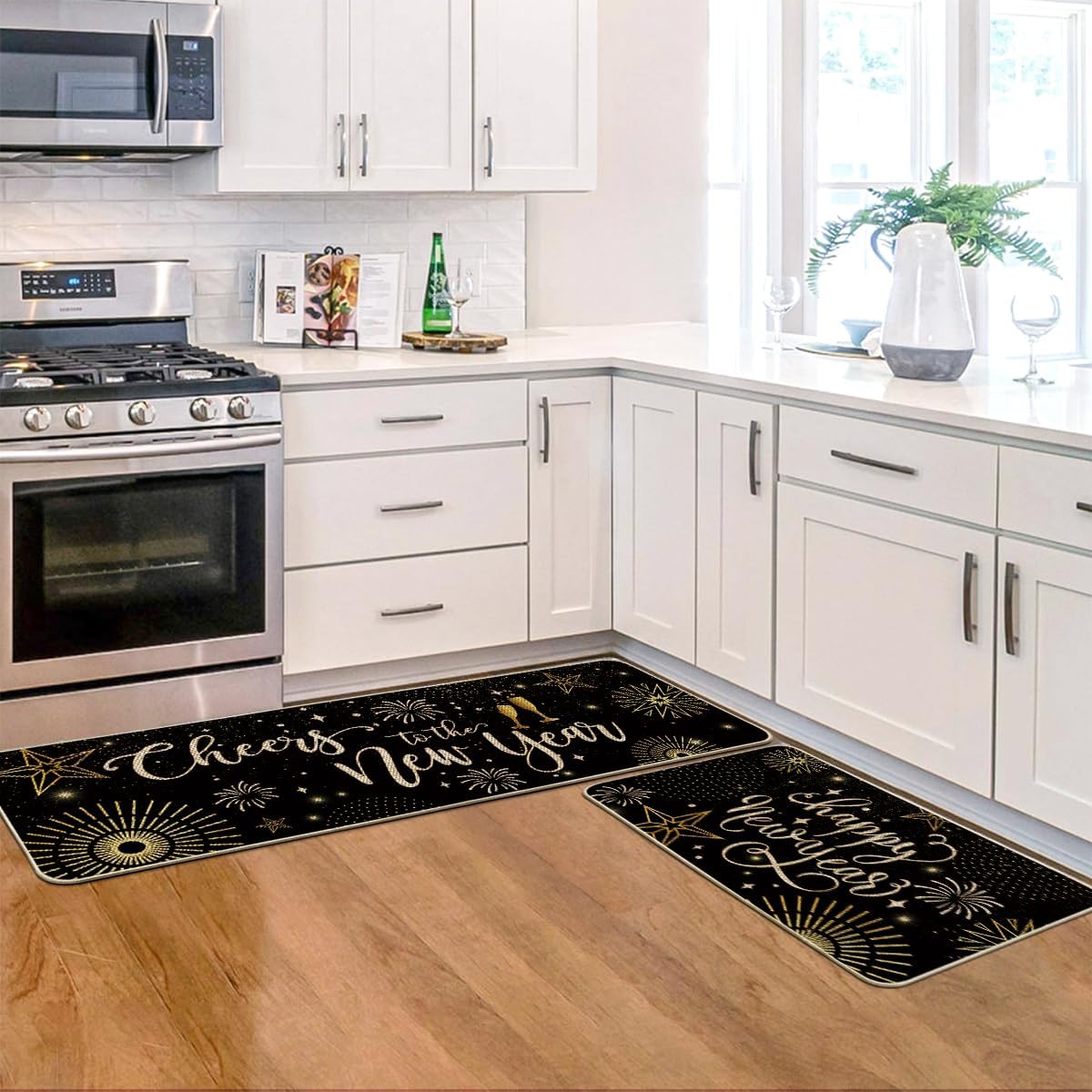 Artoid Mode Cheers Happy New Year Kitchen Mats Set of 2, Firework Home Decor Low-Profile Kitchen Rugs for Floor - 17x29 and 17x47 Inch