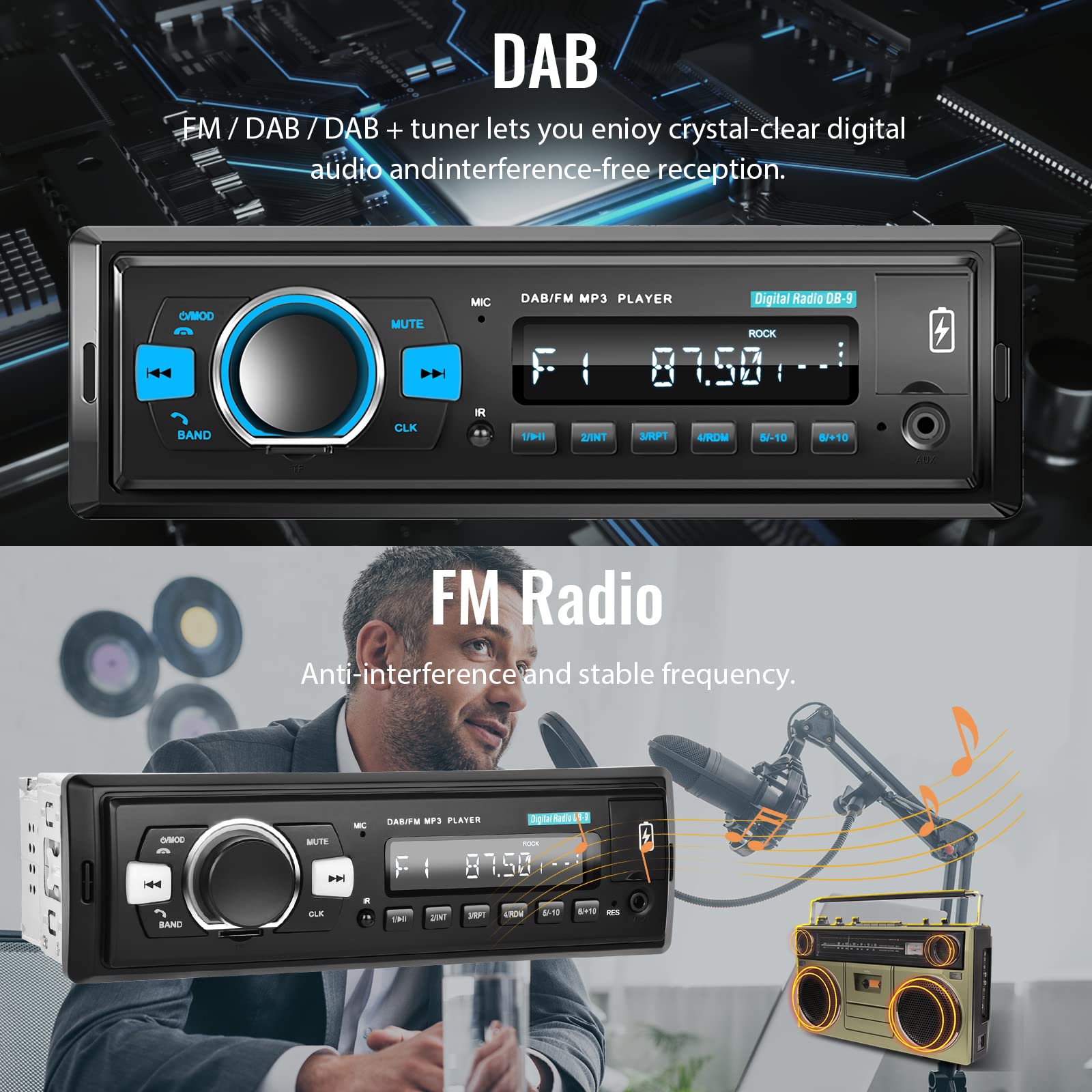 Hodozzy DAB+/DAB Autoradio 1 Din Bluetooth 5.0, 2xUSB/SD/EQ/Aux-in,Lenkradsteuerung,Freisprecheinrichtung,MP3 Player,25W*4
