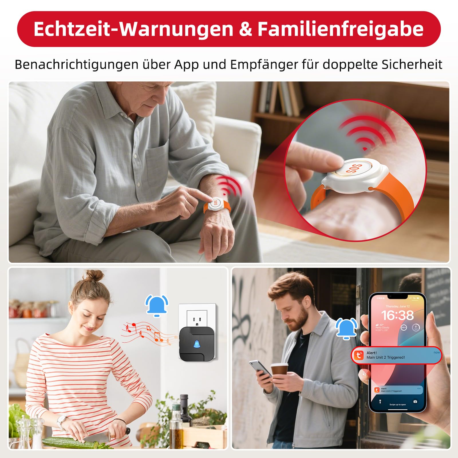 CallToU WiFi Tuya Smart Notfallknopf für Senioren,tragbares Notfallarmband Notrufknopf für Senioren,Hausnotruf mit 1 Notfallknopf,1 Armband,1 Empfänger für Senioren,Behinderte,Kinder