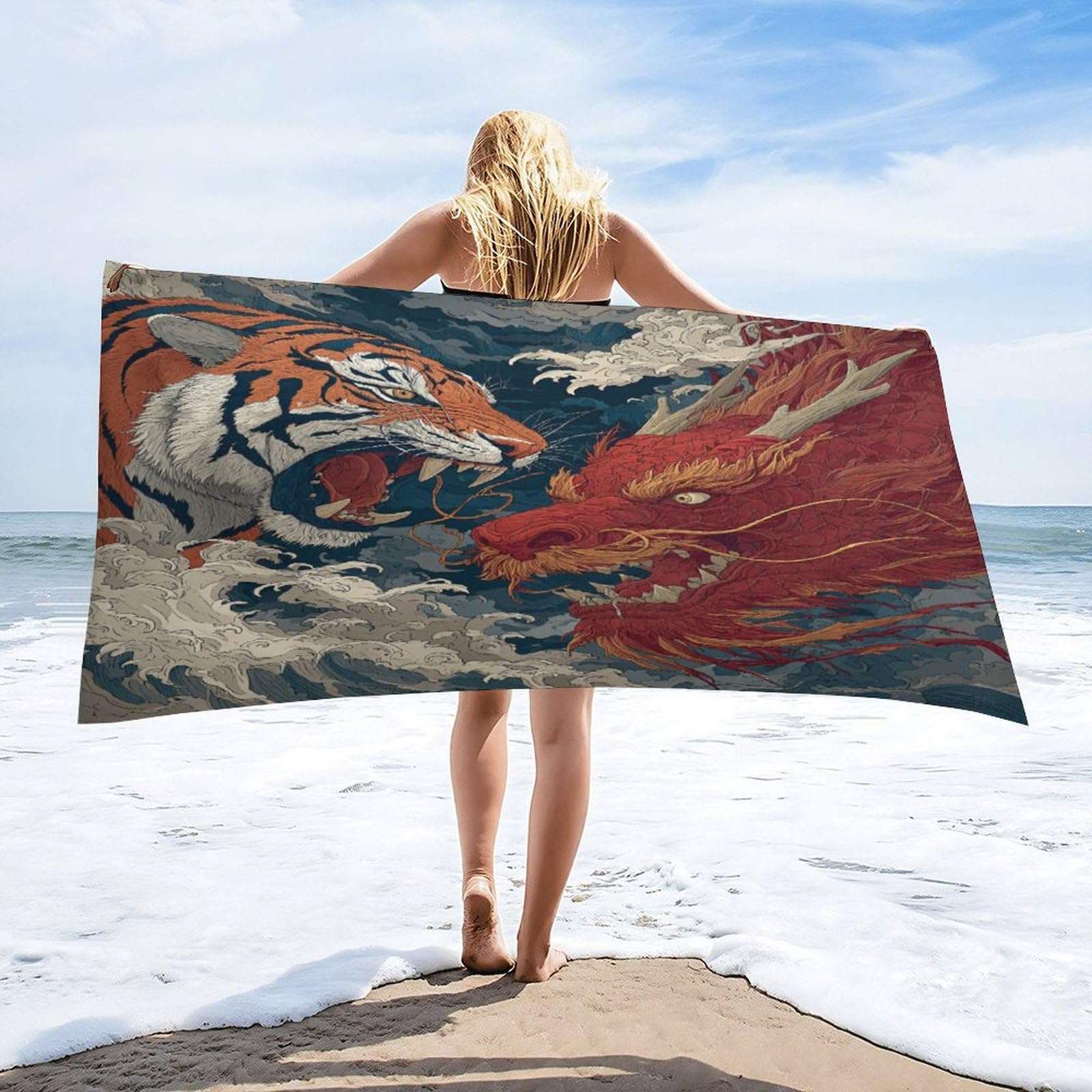 Luyysky Cool Rustic Tiger Dragon Absorbent Beach Towel, Retro Realistic Japanese Mythical Animal Tiger Dragon Ocean Waves Outdoor Single-Sided Velvet Beach Towel-80 W Cm X 160" L Cm